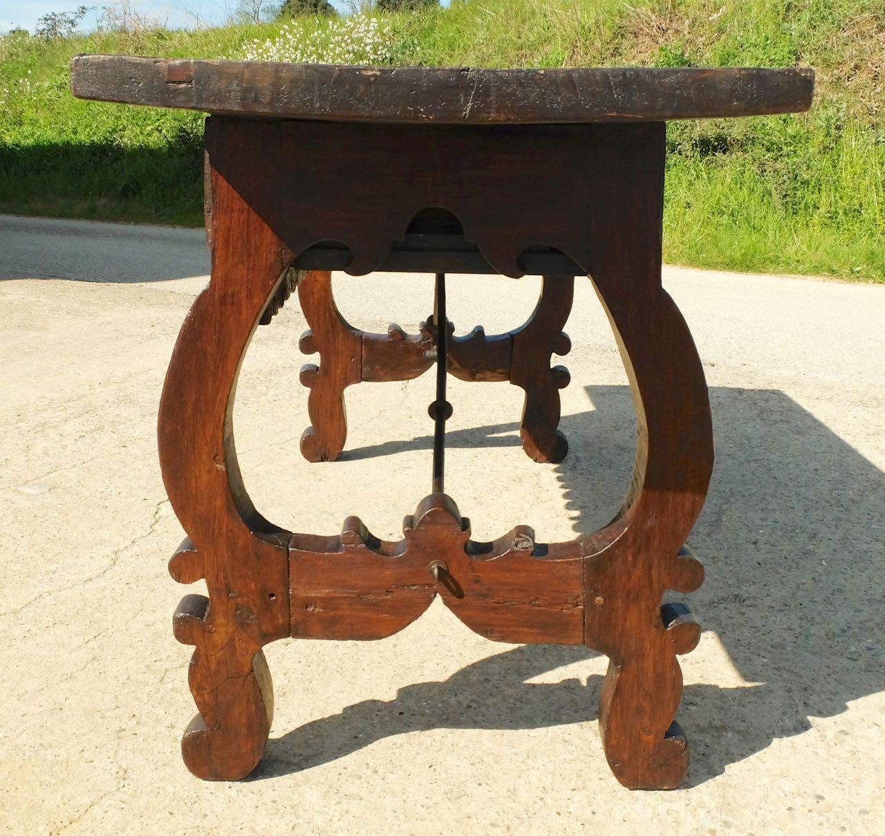 Hand-Carved Mid-19th Century Spanish Lyre Leg Library Table, Poplar For Sale