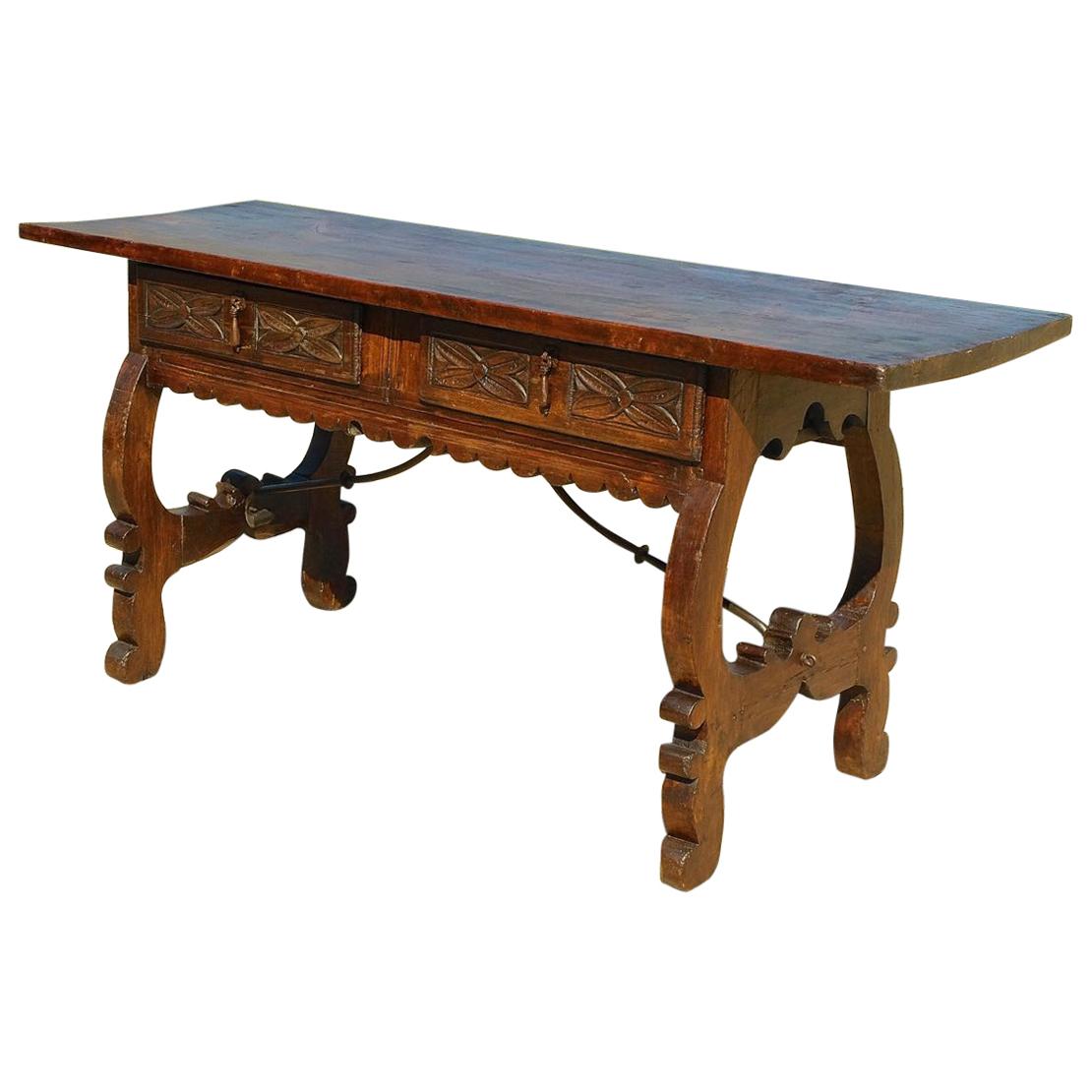 Mid-19th Century Spanish Lyre Leg Library Table, Poplar For Sale
