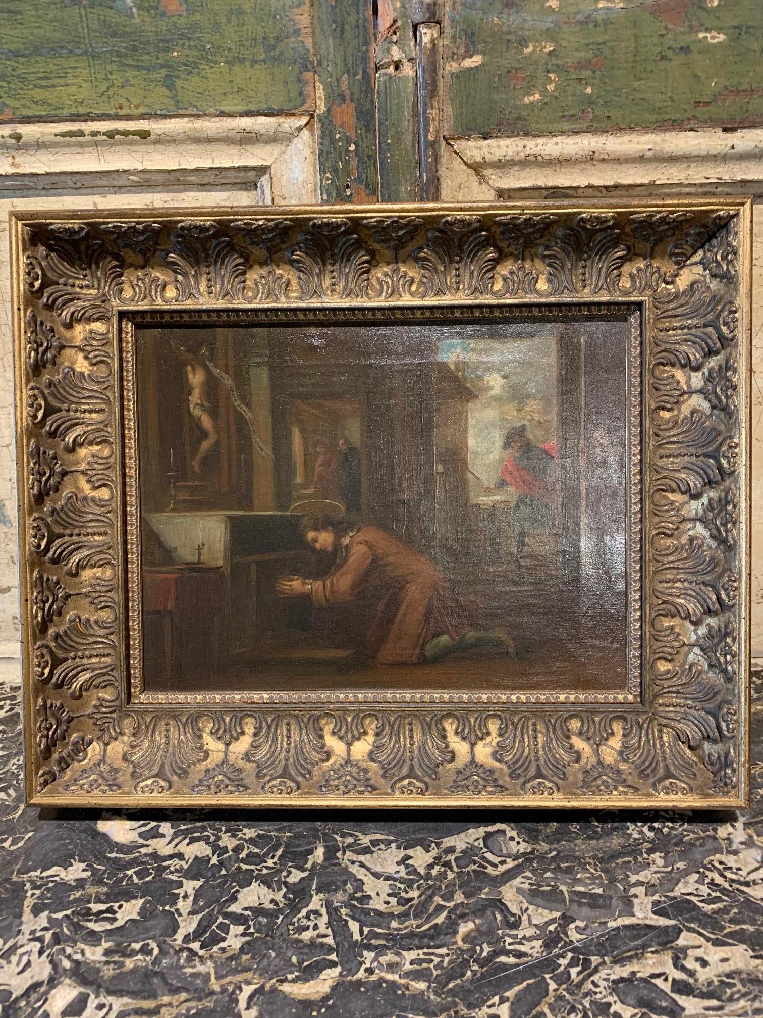 Très belle peinture à l'huile sur toile du milieu du 19e siècle représentant un jeune saint François priant devant un autel, vers 1860. L'artiste est Juaquin Vayreda (1843-1894). Ce tableau est la copie d'une composition du peintre catalan Antoni