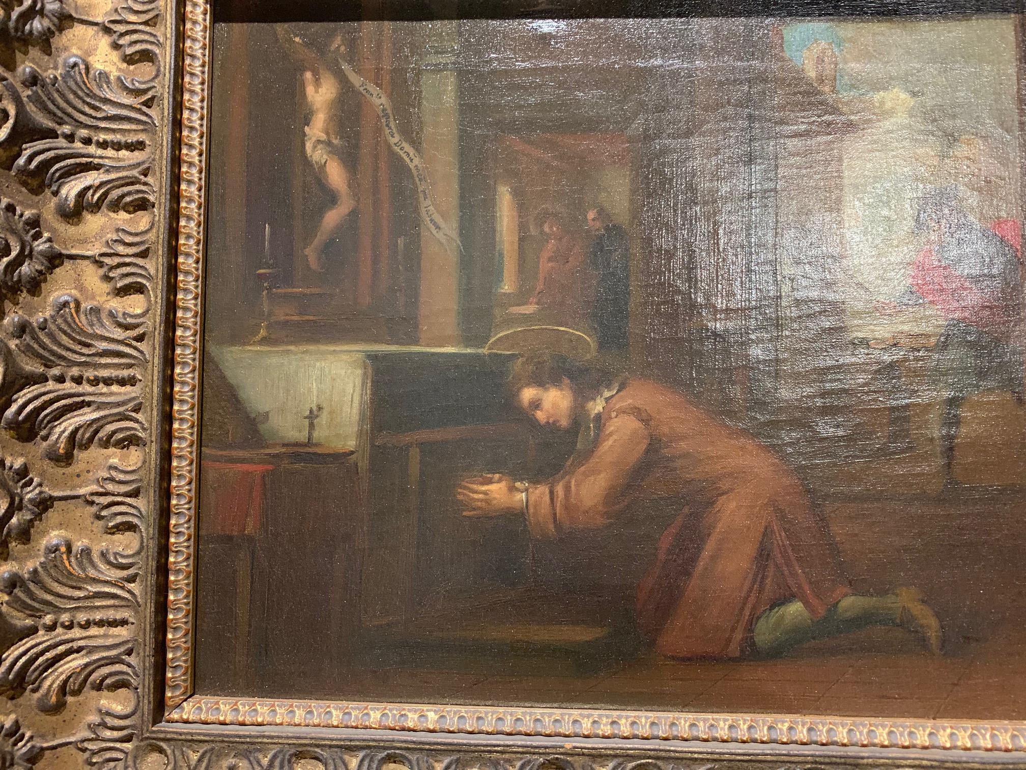 Peinture à l'huile espagnole du milieu du XIXe siècle représentant Saint François Bon état - En vente à Atlanta, GA