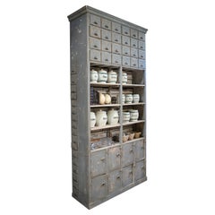 Antique Mid-19th Century Spanish Painted Hardware Store Multi Drawer Shelved Cabinet