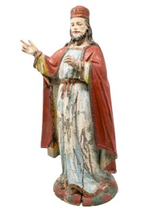 Mid-19th Century Spanish Saint Painted Wooden Figurative Sculpture