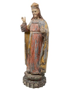 Mid-19th Century Spanish Saint Painted Wooden Figurative Sculpture