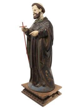 Mid-19th Century Spanish Saint Painted Wooden Figurative Sculpture