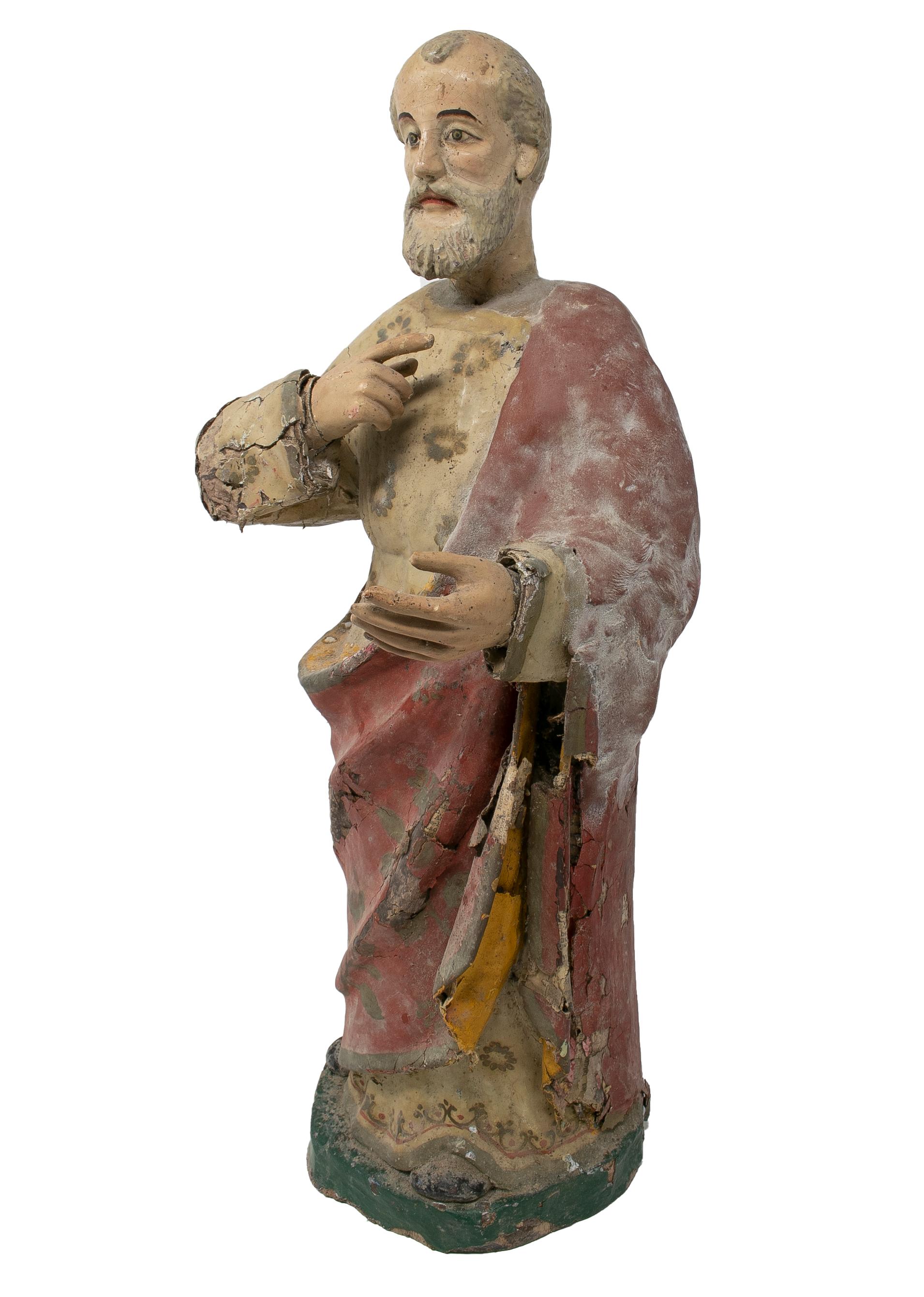 Mid-19th century Spanish painted polychrome figurative sculpture of a saint.

Needs restoration.