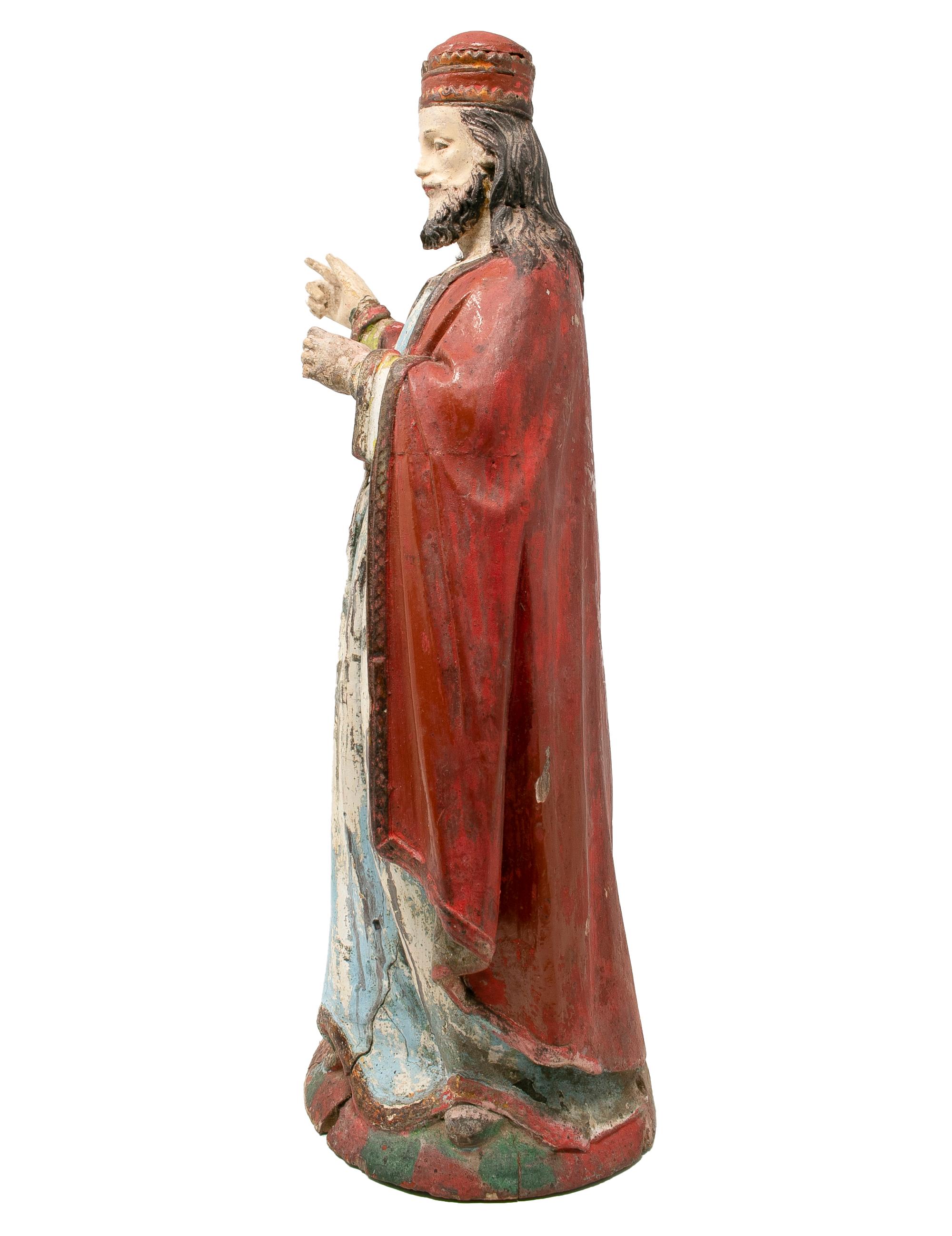 Polychromed Mid-19th Century Spanish Saint Painted Wooden Figurative Sculpture For Sale