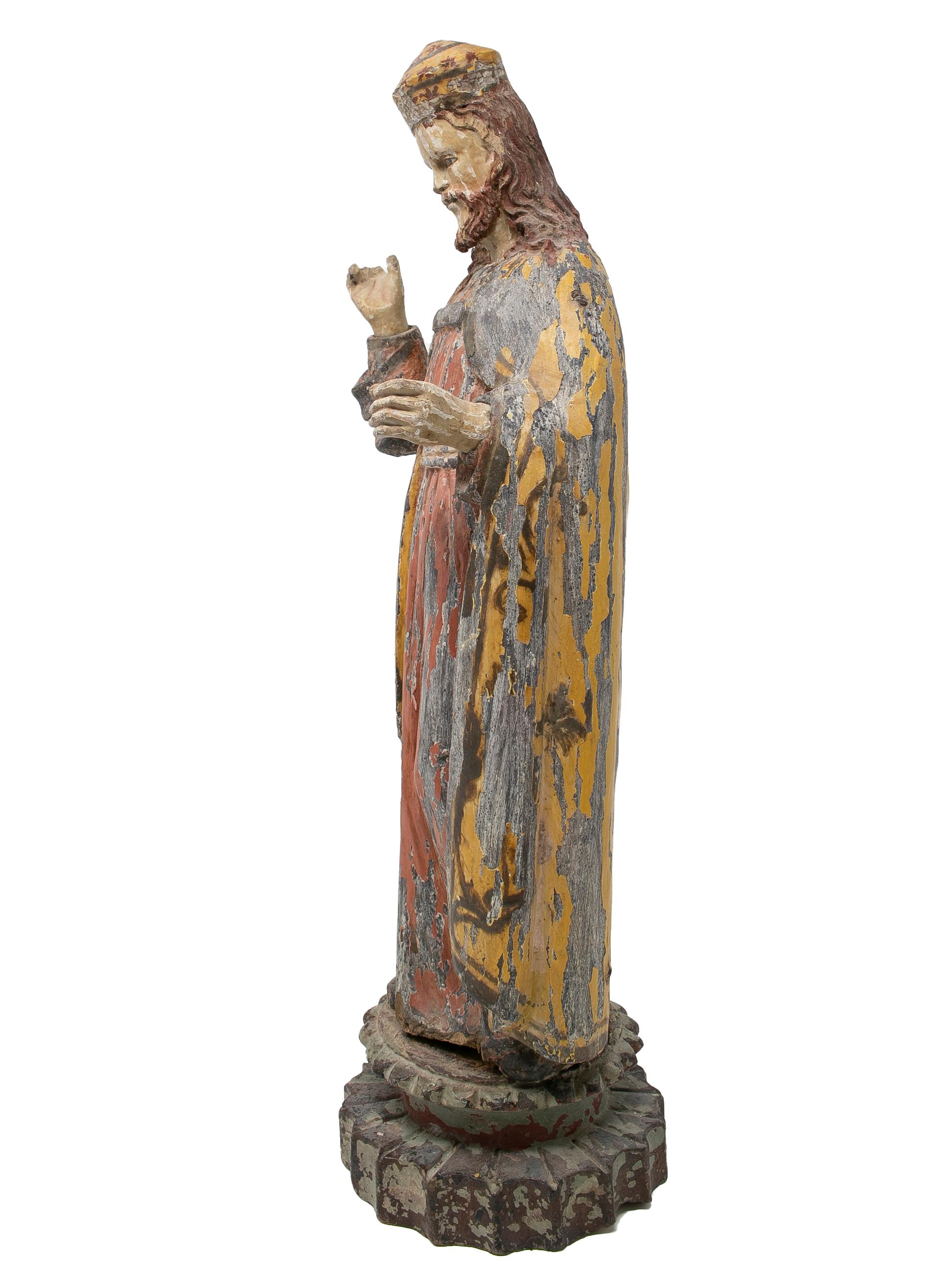 Hand-Carved Mid-19th Century Spanish Saint Painted Wooden Figurative Sculpture For Sale