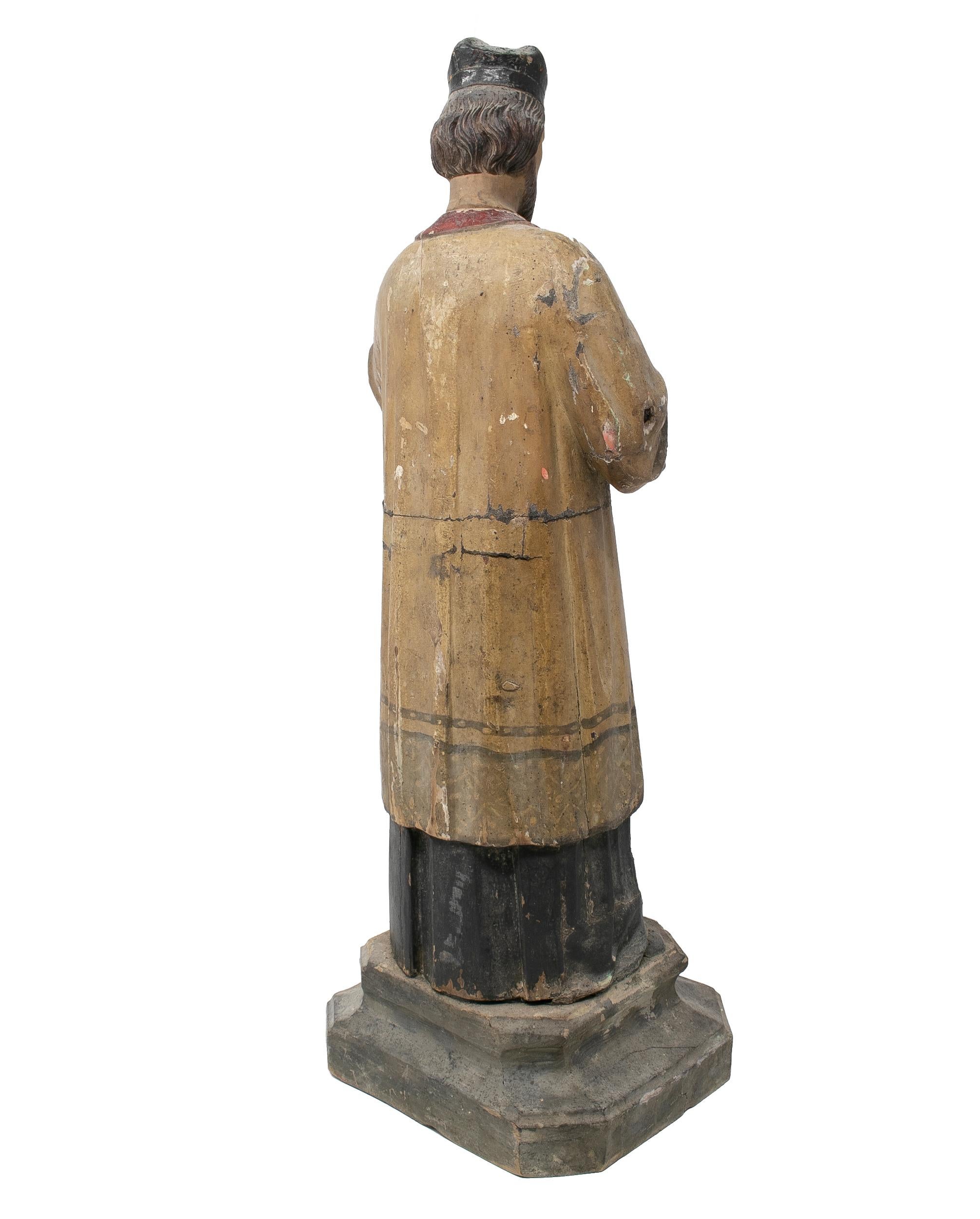 Mid-19th Century Spanish Saint Painted Wooden Figurative Sculpture For Sale 2