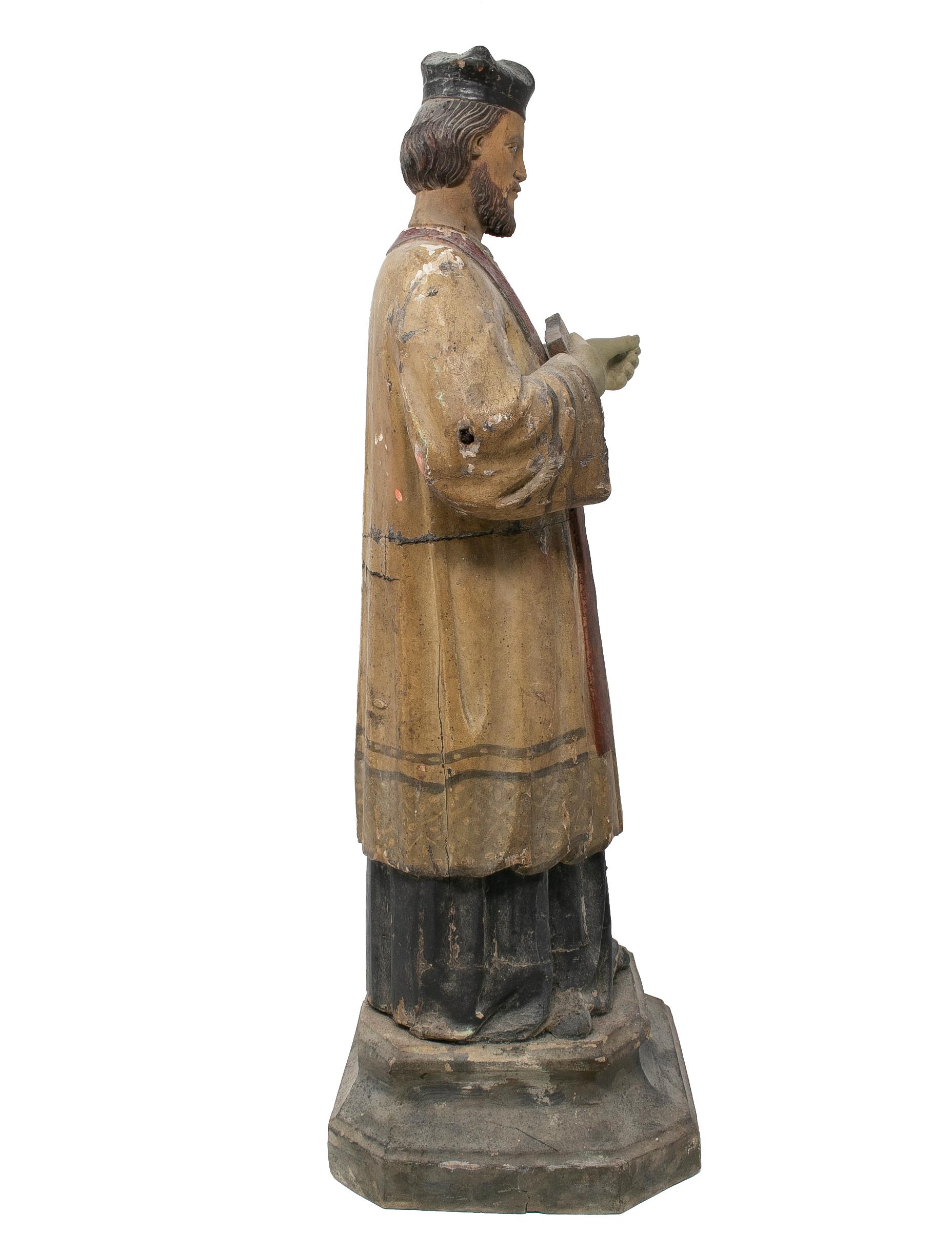 Mid-19th Century Spanish Saint Painted Wooden Figurative Sculpture For Sale 3