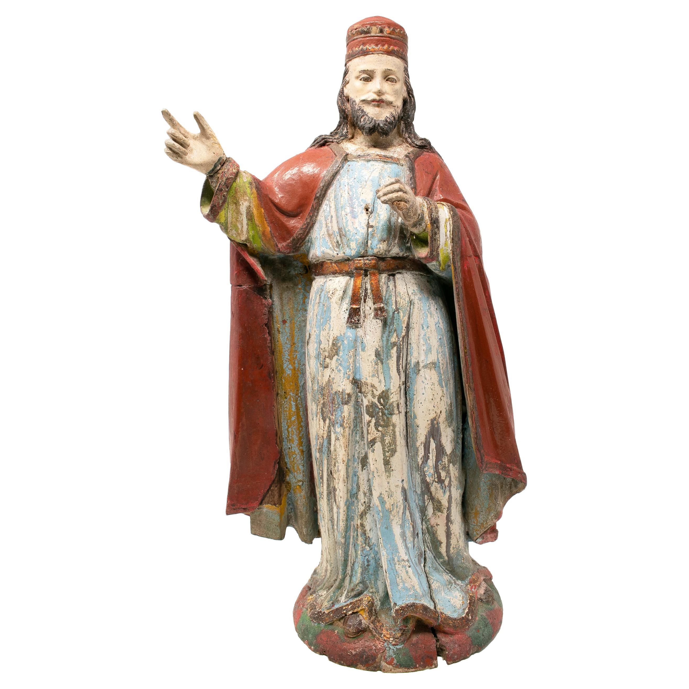 Mid-19th Century Spanish Saint Painted Wooden Figurative Sculpture