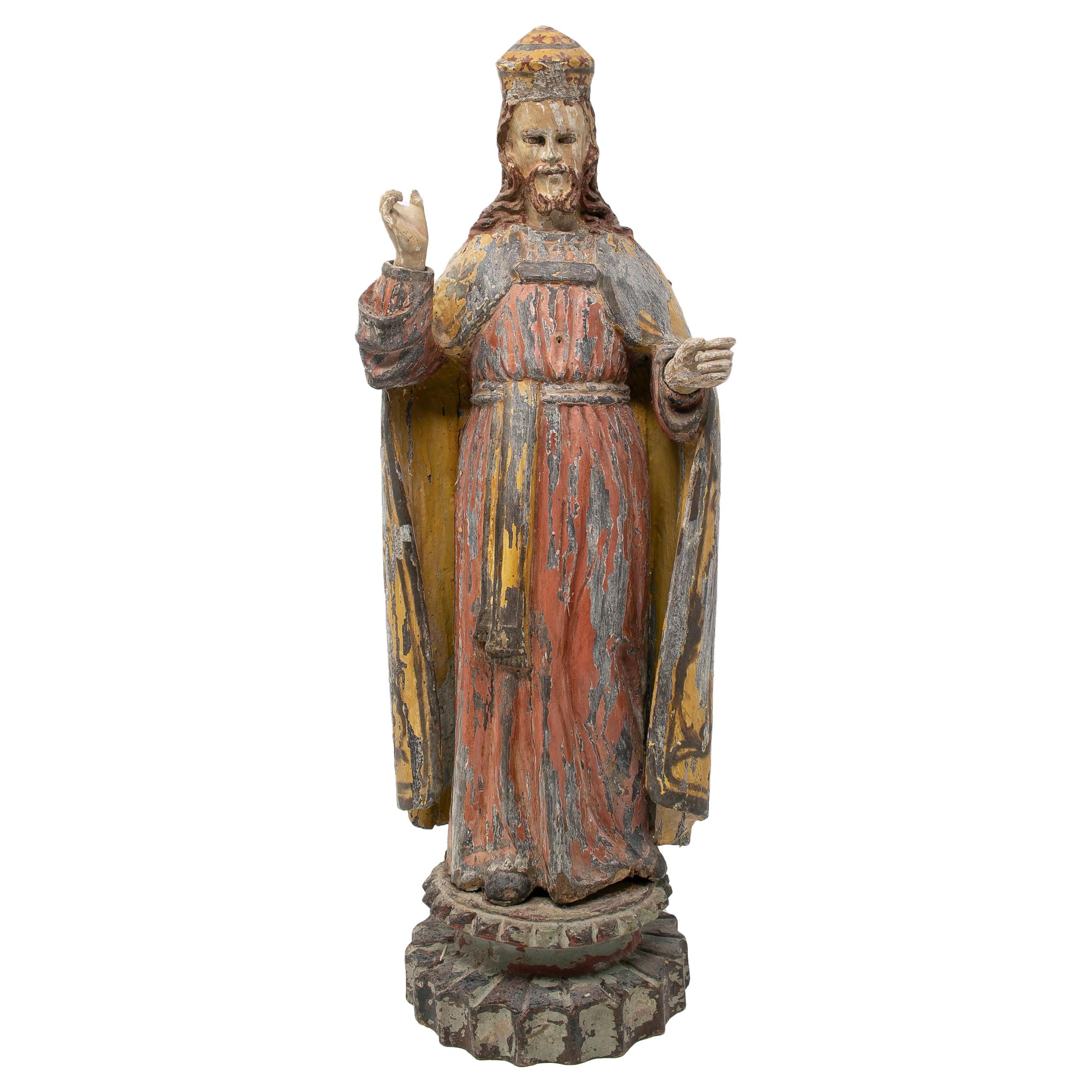 Mid-19th Century Spanish Saint Painted Wooden Figurative Sculpture