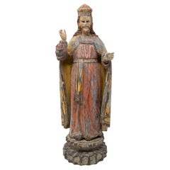 Mid-19th Century Spanish Saint Painted Wooden Figurative Sculpture