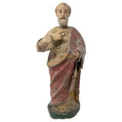 Antique Mid-19th Century Spanish Saint Painted Wooden Figurative Sculpture