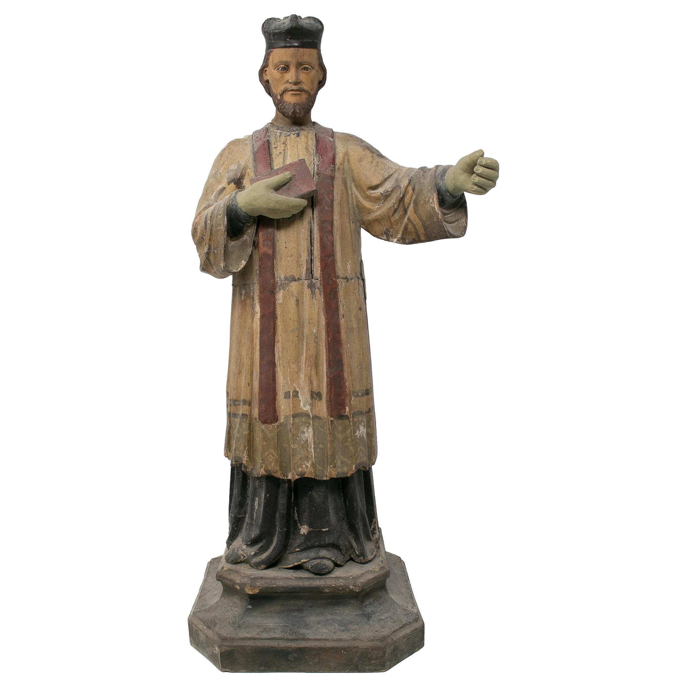 Mid-19th Century Spanish Saint Painted Wooden Figurative Sculpture For Sale