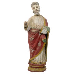 Mid-19th Century Spanish Saint Painted Wooden Figurative Sculpture