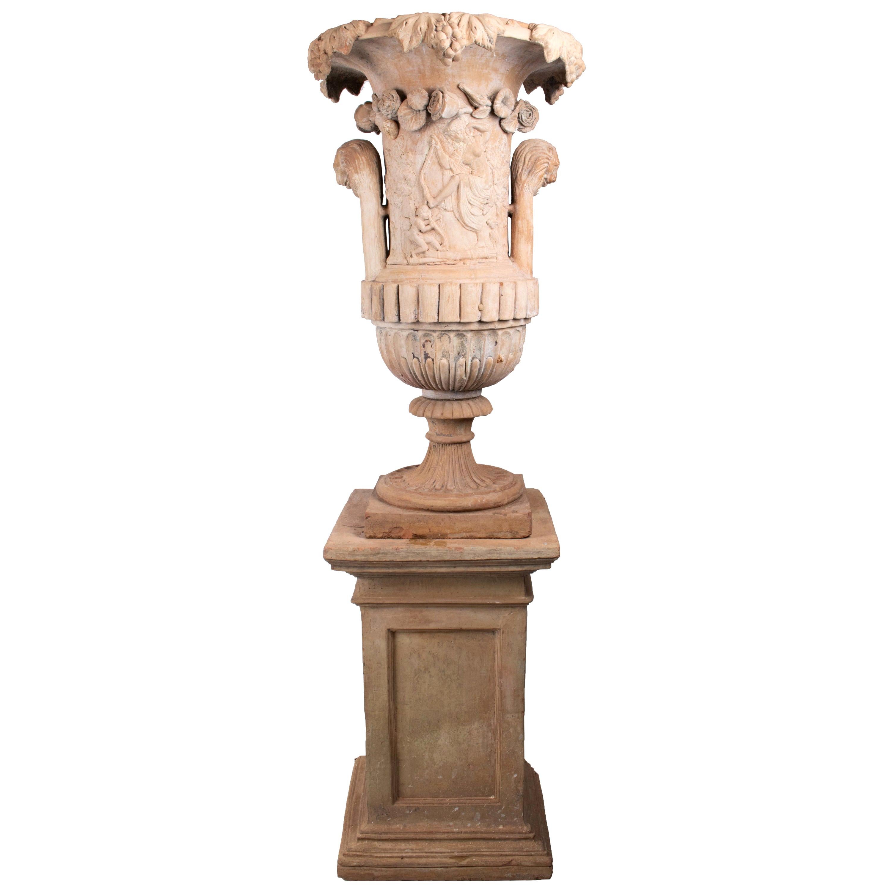 Mid-19th Century Spanish Terracotta Urn and Pedestal Stamped by the Maker For Sale