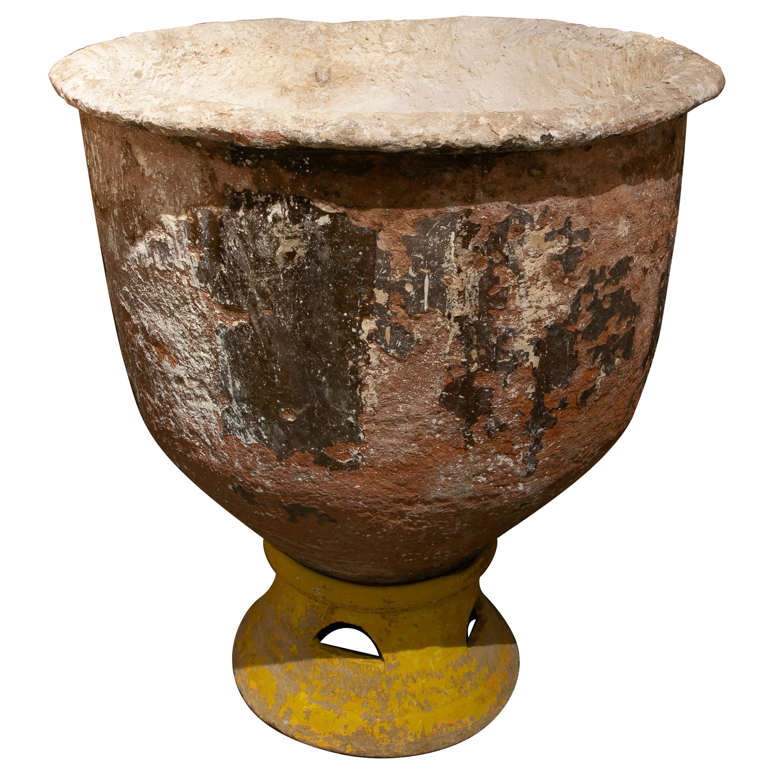 Mid-19th Century Spanish Whitewashed & Painted Terracotta Garden Urn