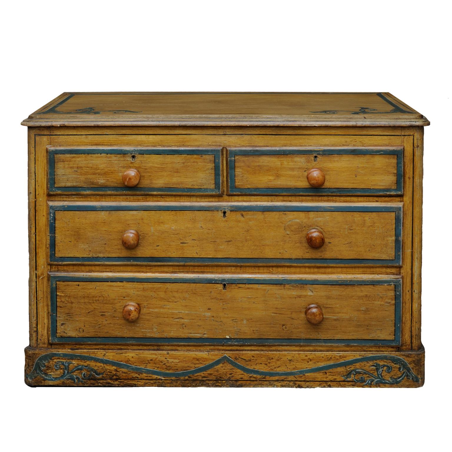 This is a wonderful mid-19th century suite of English painted furniture. Two chest of drawers, one with decorative splash back and also a separate dressing stand or table. Painted pine retaining original decorative paintwork (lightly refreshed),