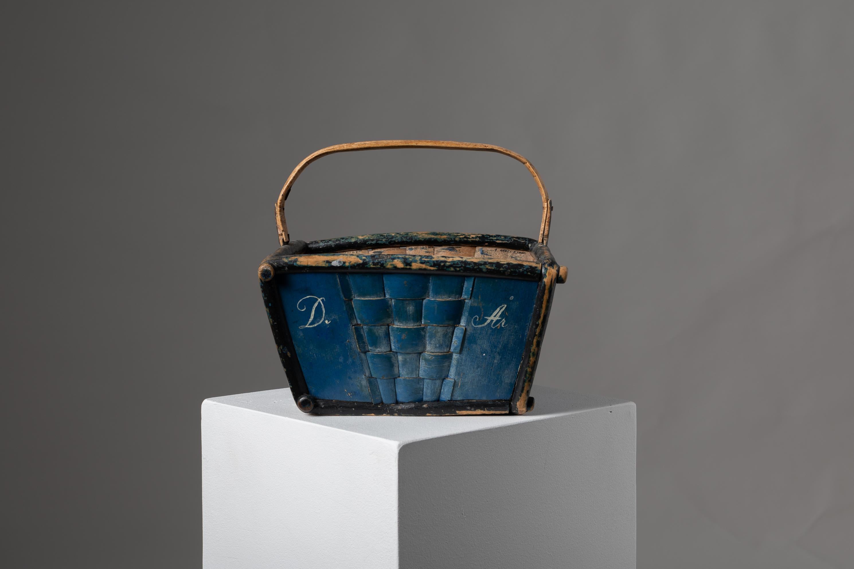 Mid 19th Century Swedish Blue Folk Art Pine Basket 1