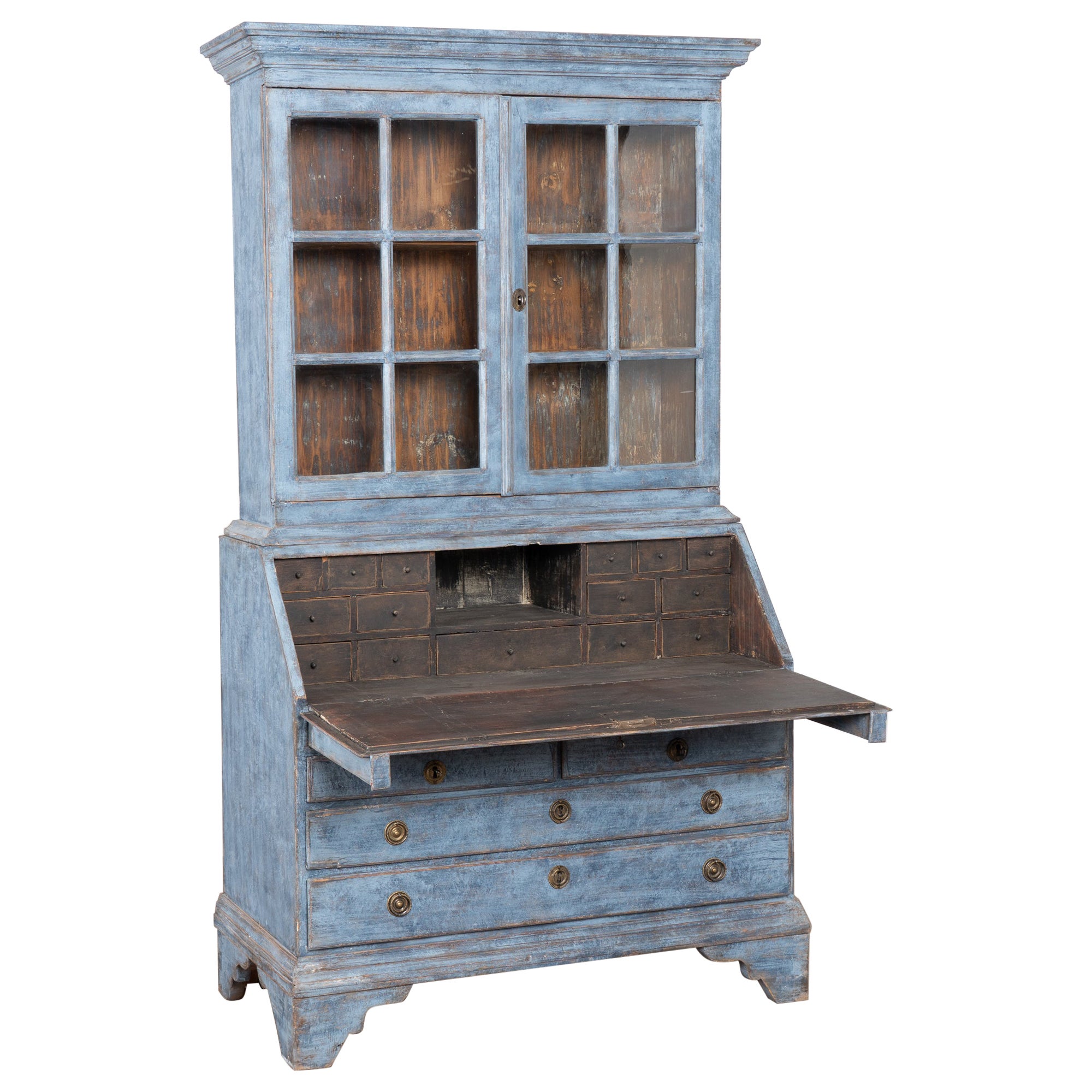 Segreteria svedese in pino dipinto di blu della metà del XIX secolo