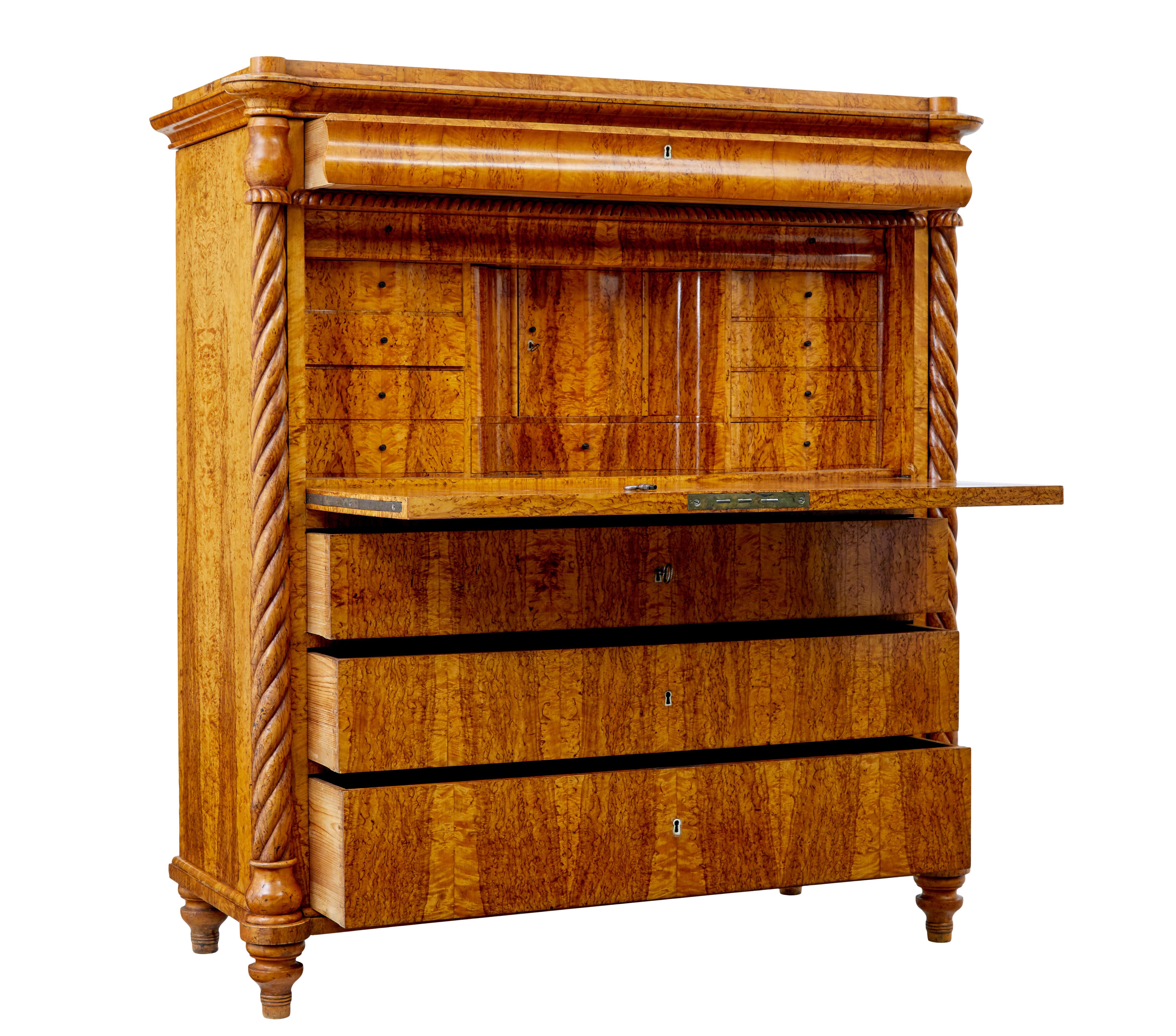 Victorian Mid 19th century Swedish burr birch secretaire chest For Sale