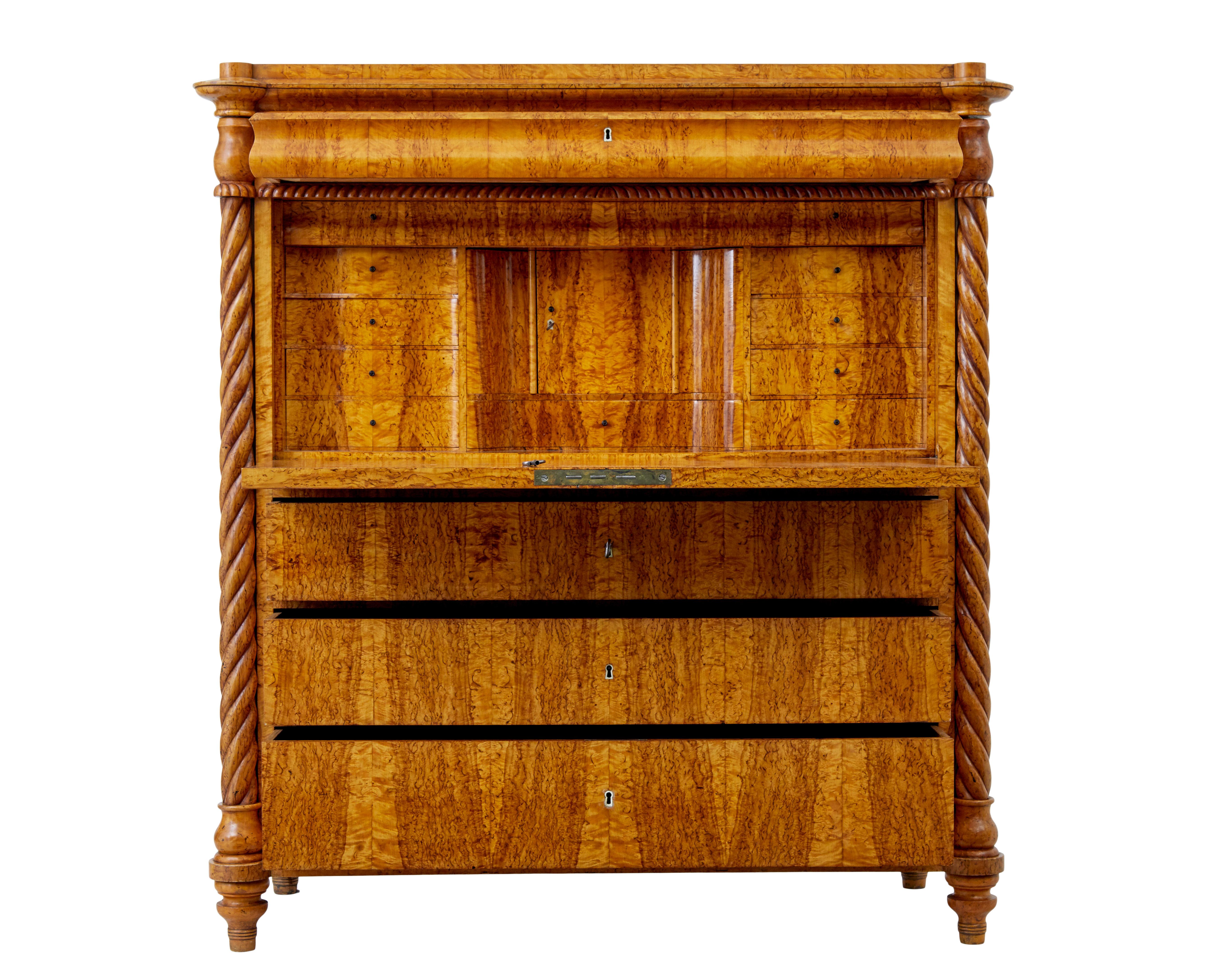 Carved Mid 19th century Swedish burr birch secretaire chest For Sale