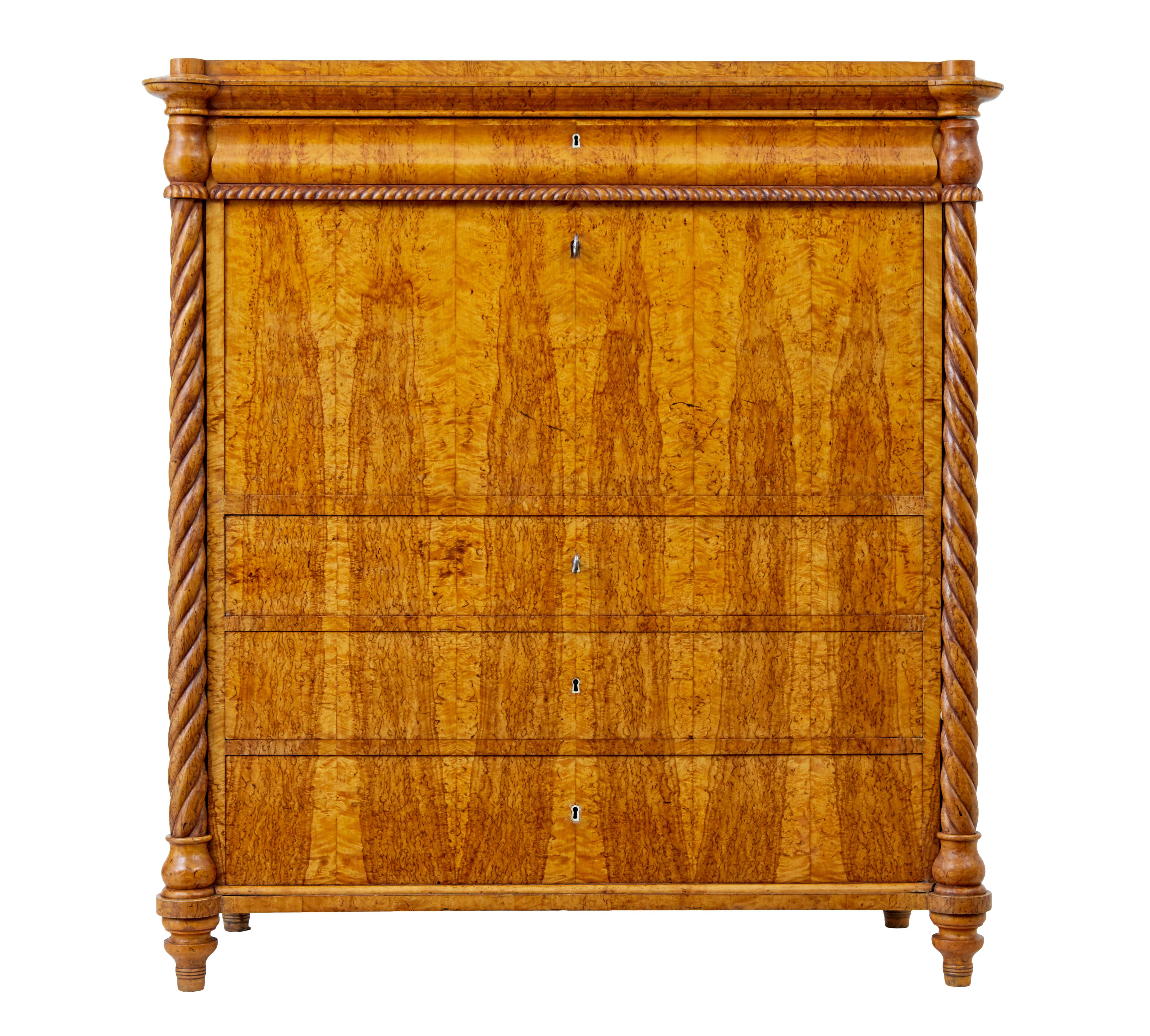 Mid 19th century Swedish burr birch secretaire chest In Good Condition For Sale In Debenham, Suffolk