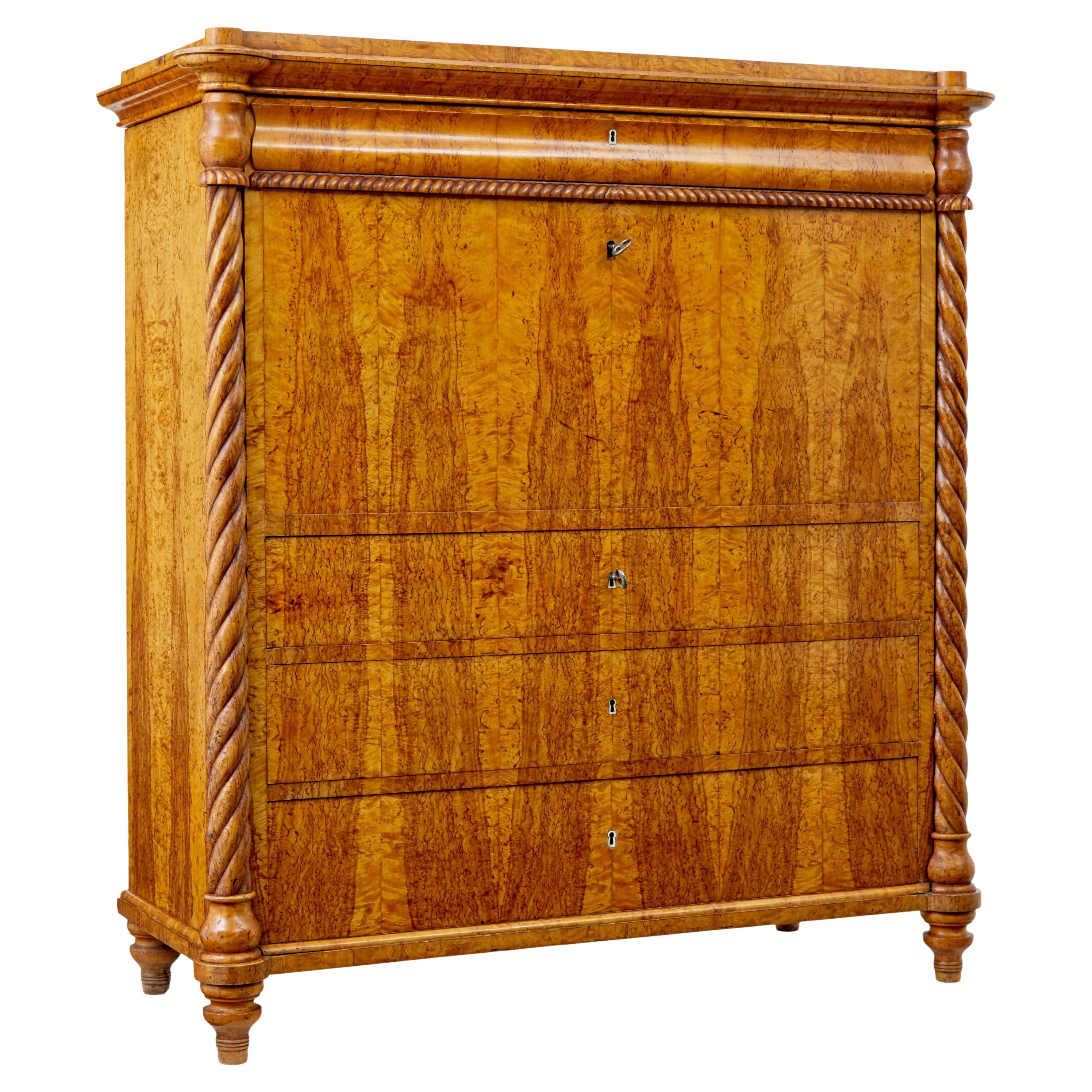 Mid 19th century Swedish burr birch secretaire chest For Sale