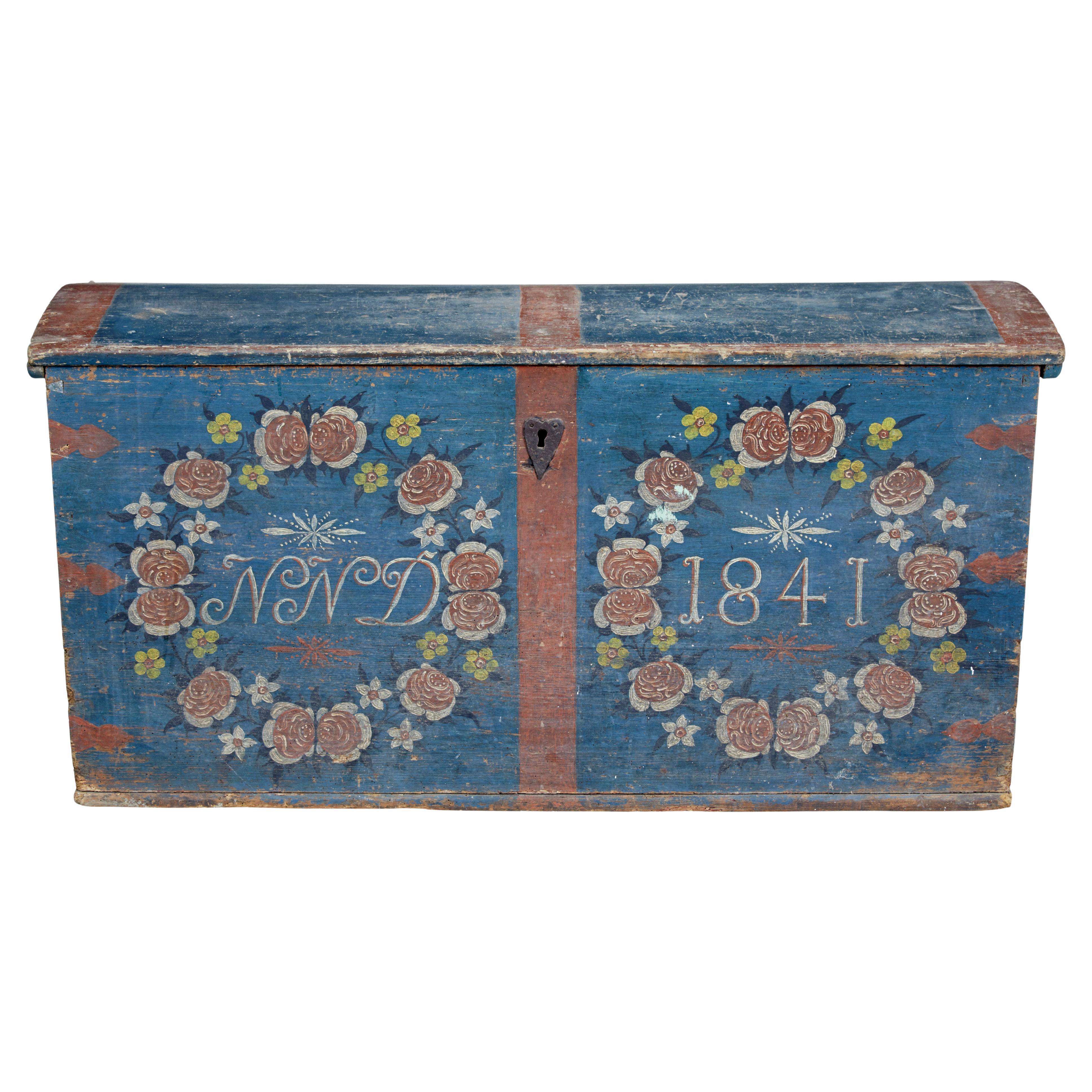Mid 19th century Swedish folk art hand painted pine coffer