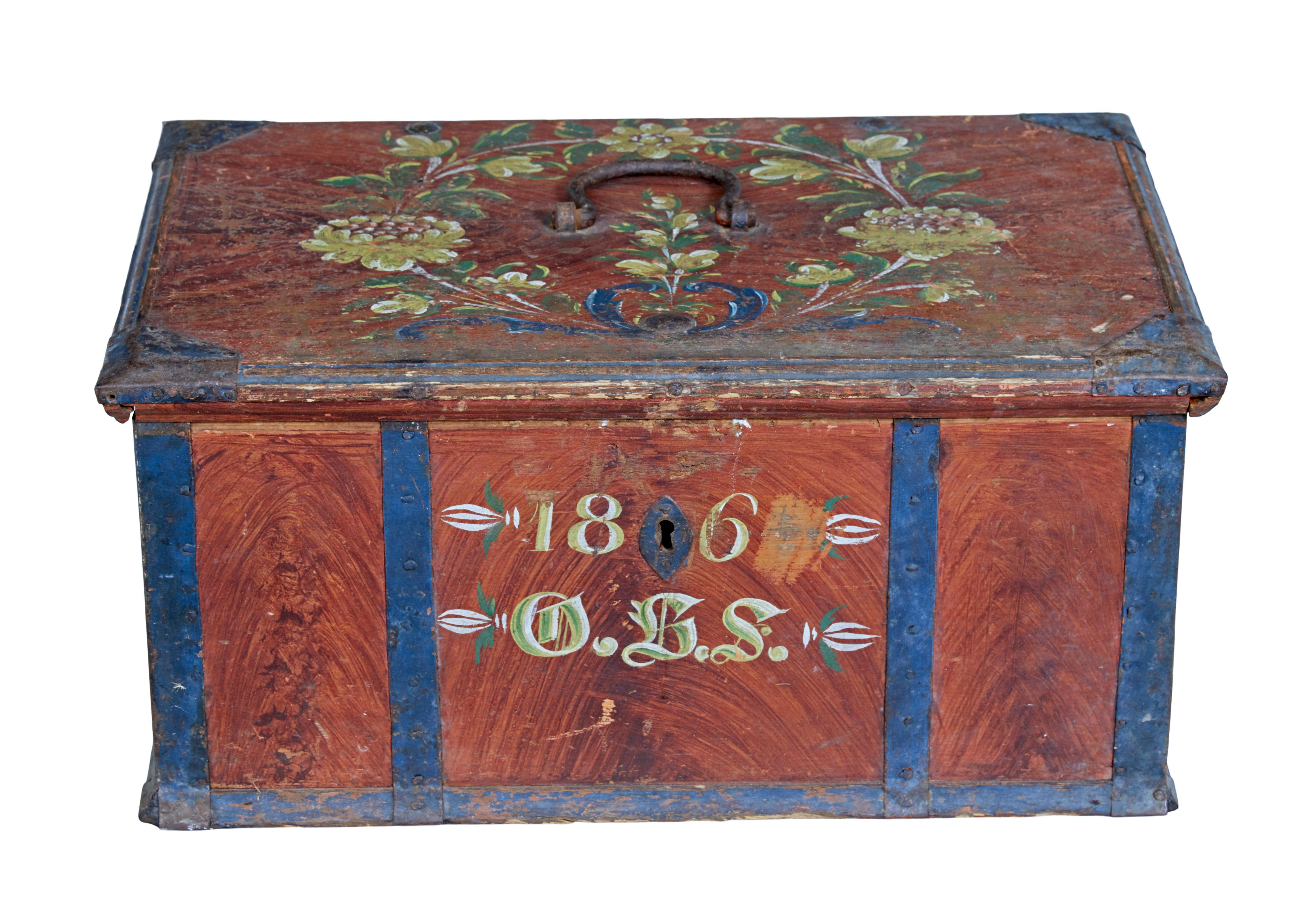 Hand-Carved Mid 19th century Swedish folk art painted box For Sale