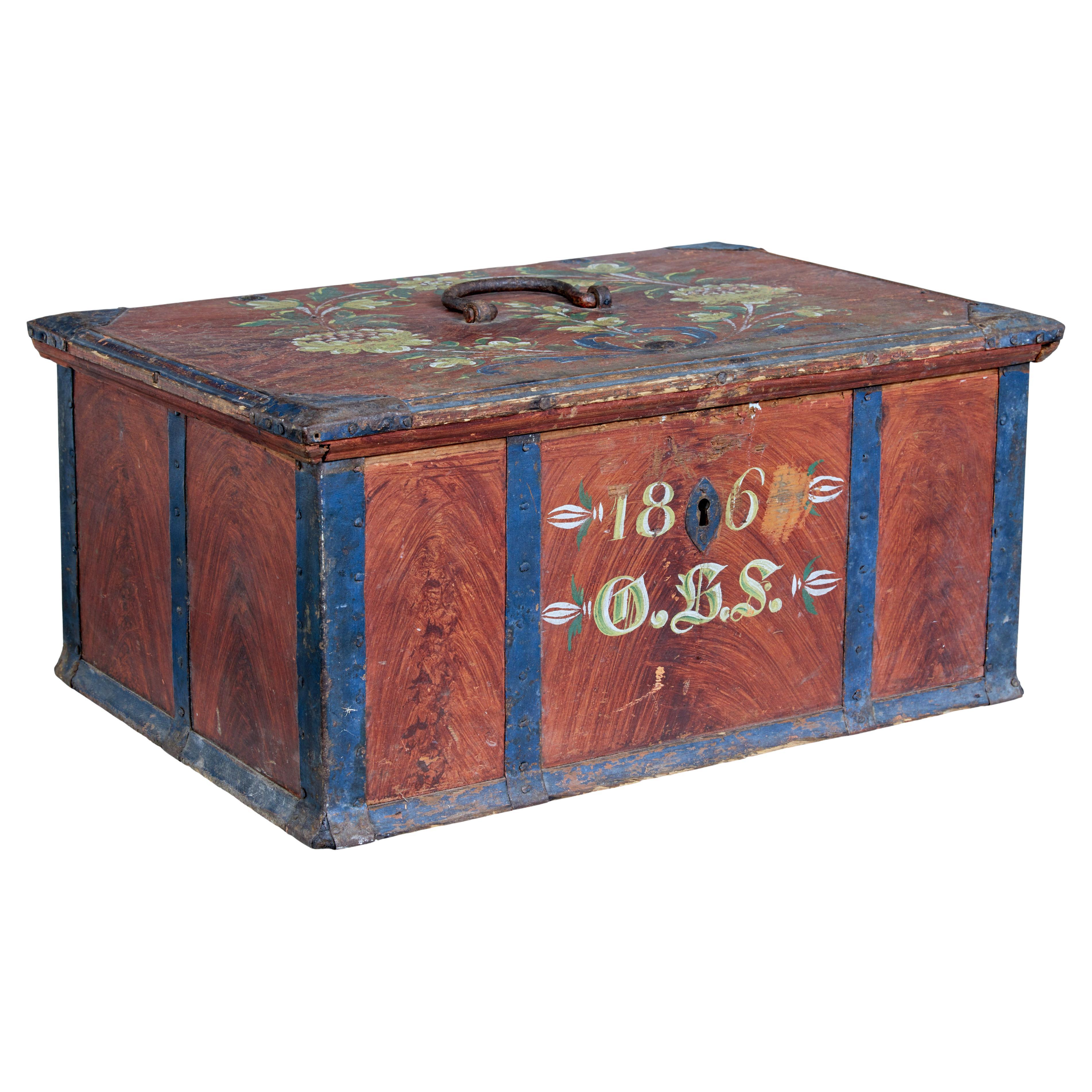 Caja pintada de arte popular sueco de mediados del siglo XIX