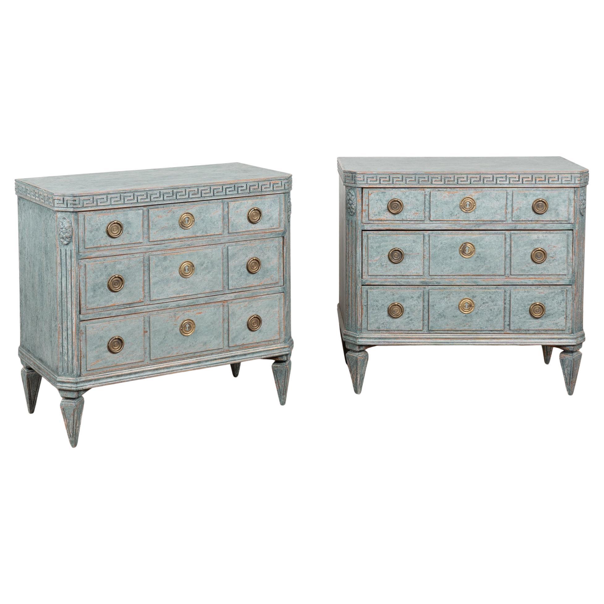 Mid-19th Century Swedish Gustavian Pair of Blue Painted Chests of Drawers