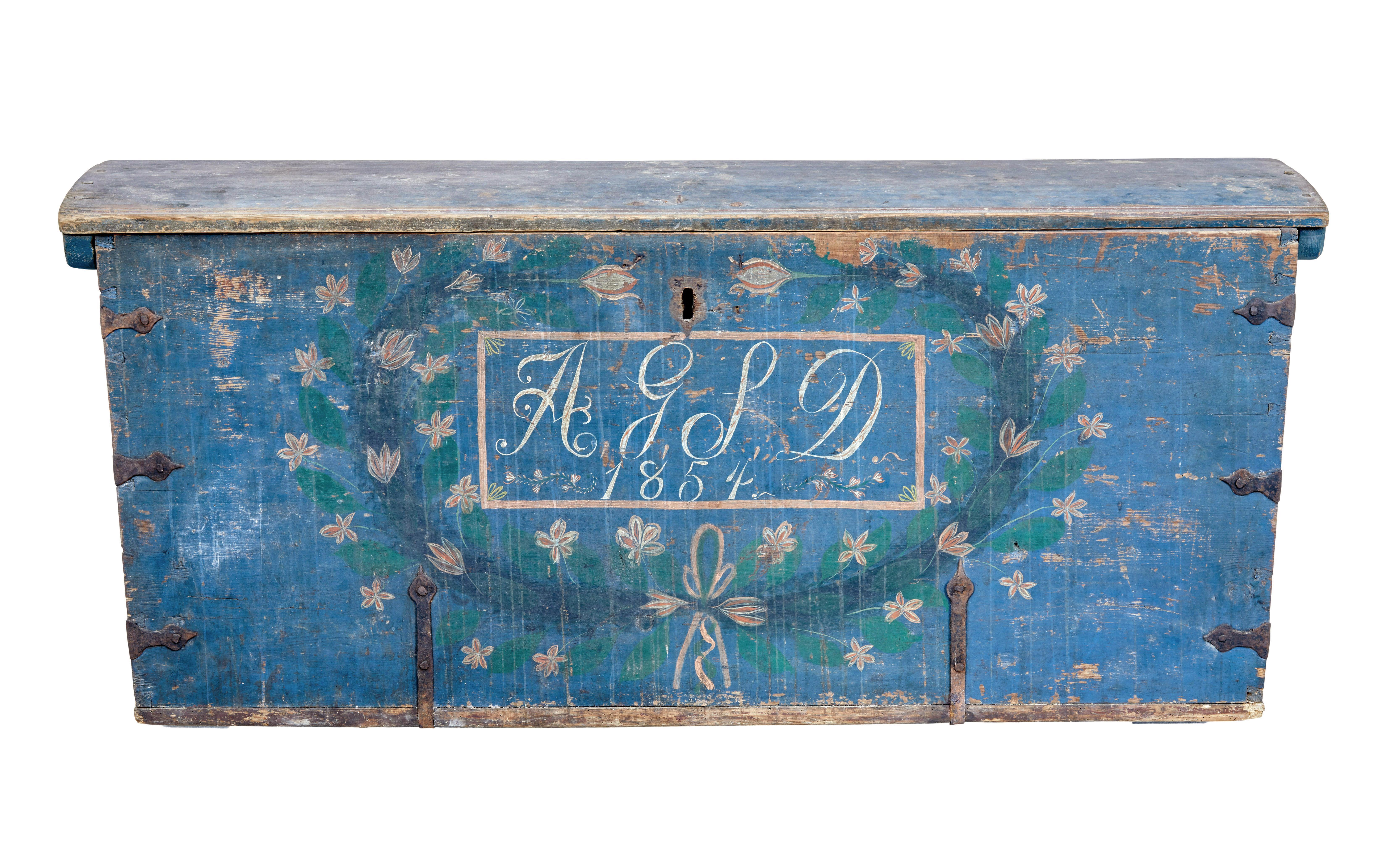 Mid 19th century Swedish hand painted dome top trunk circa 1854.

Beautifully decorated coffer in it's original paint.  Initialed on the front a g l d and dated 1854, further decorated with hand painted leaves with a green and blue base colour.  Top