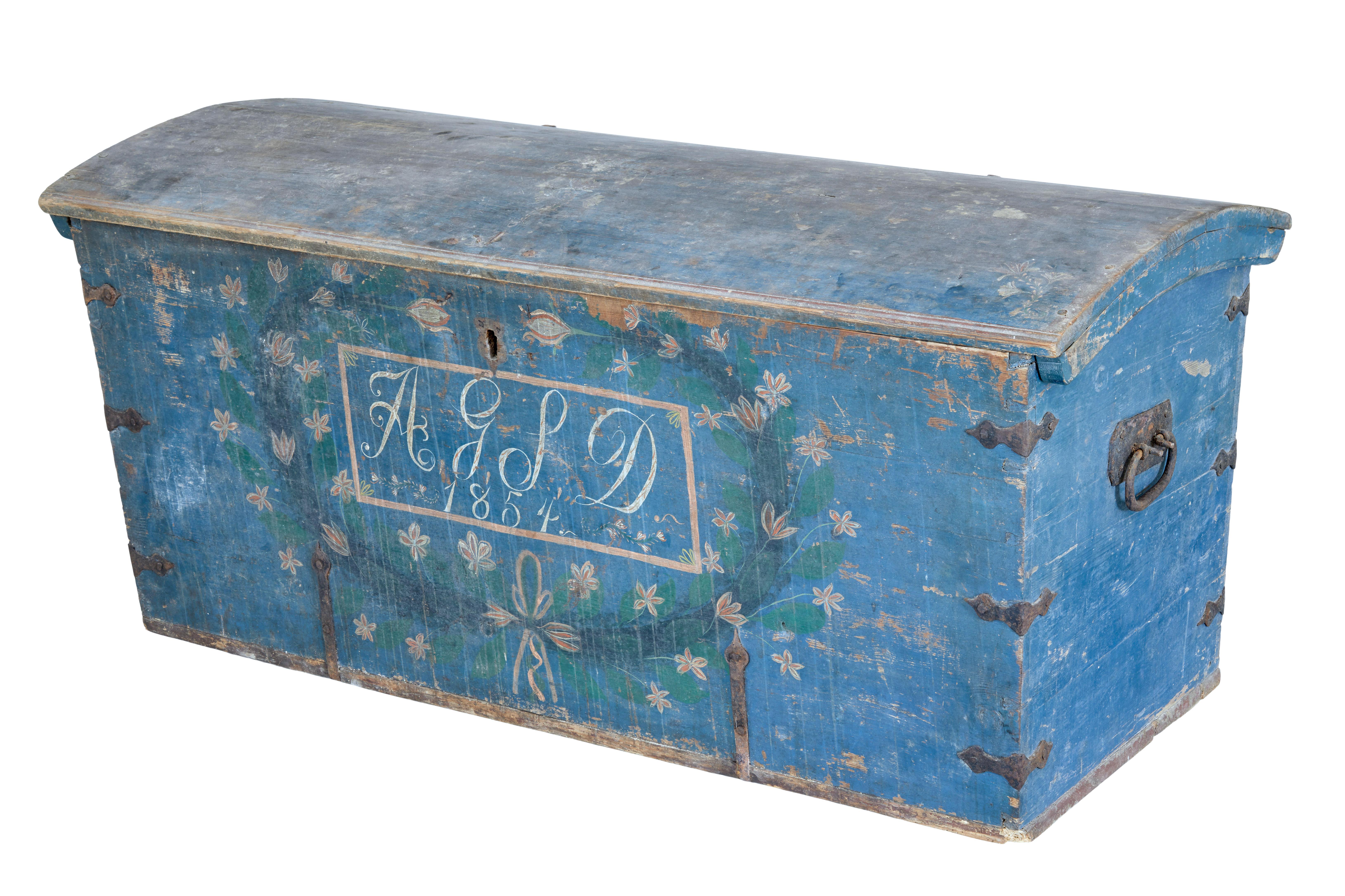 Hand-Crafted Mid 19th Century Swedish Hand Painted Dome Top Trunk