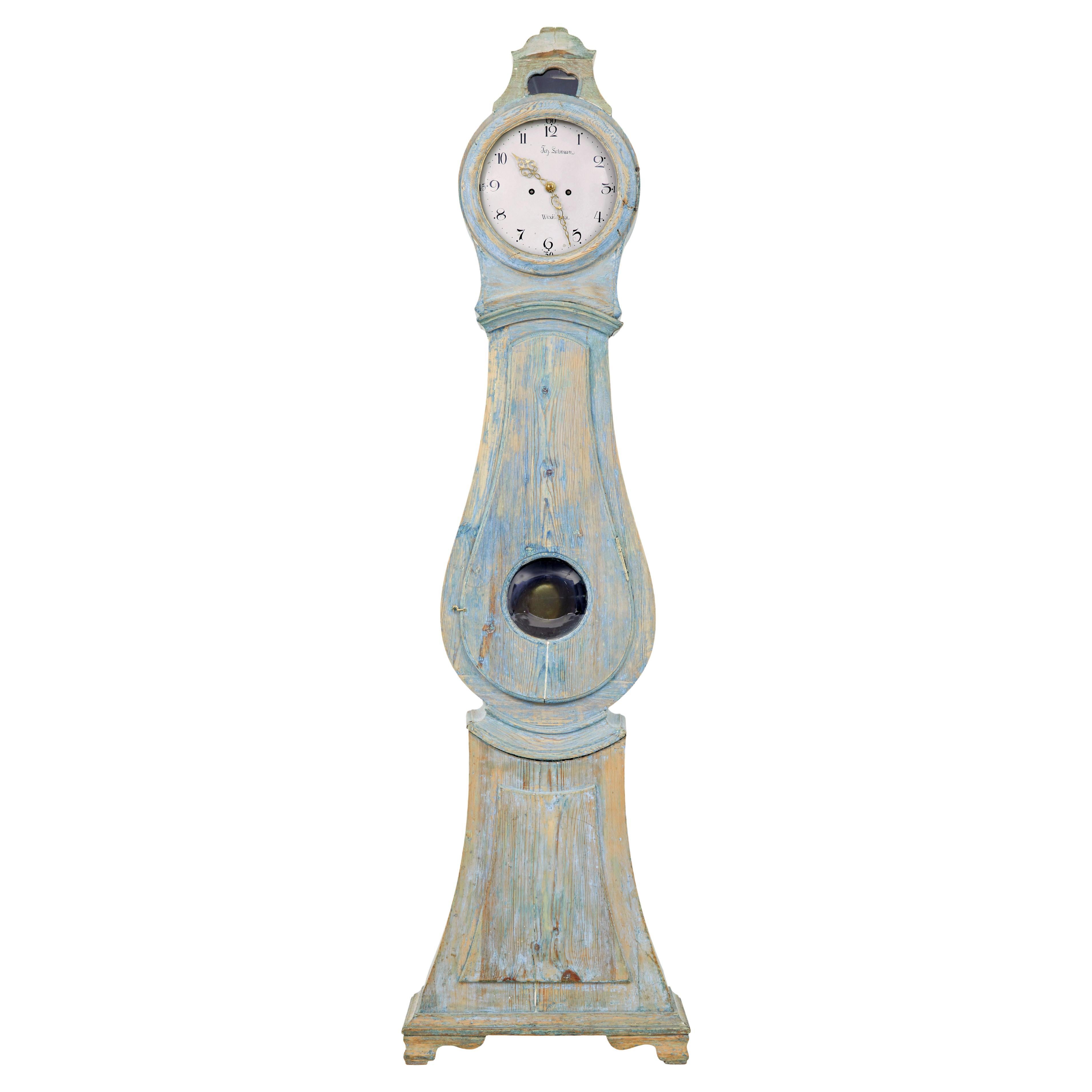 Mid 19th century Swedish pine long case mora clock For Sale