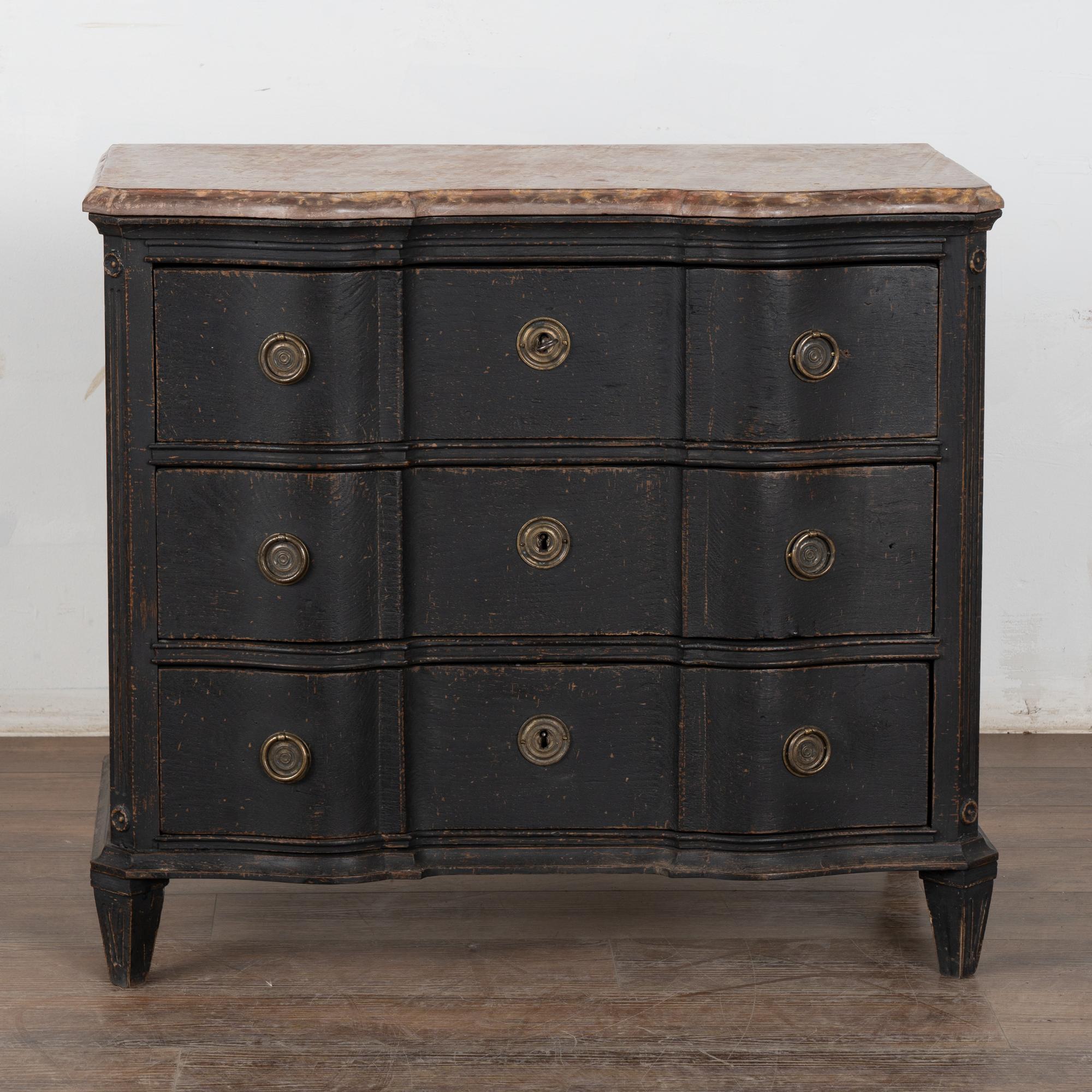 Svedese Mid 19th Century Swedish Stone Top Black Chest of Three Drawers in vendita