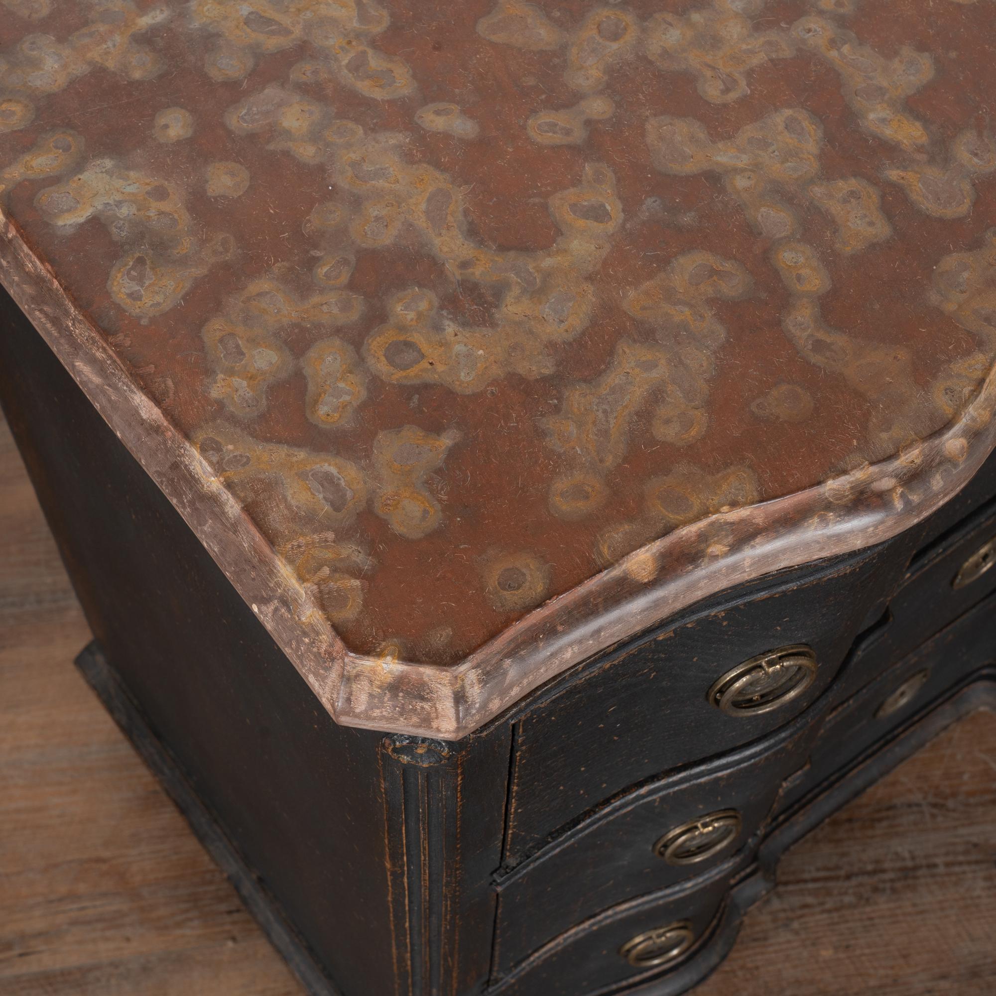 XIX secolo Mid 19th Century Swedish Stone Top Black Chest of Three Drawers in vendita