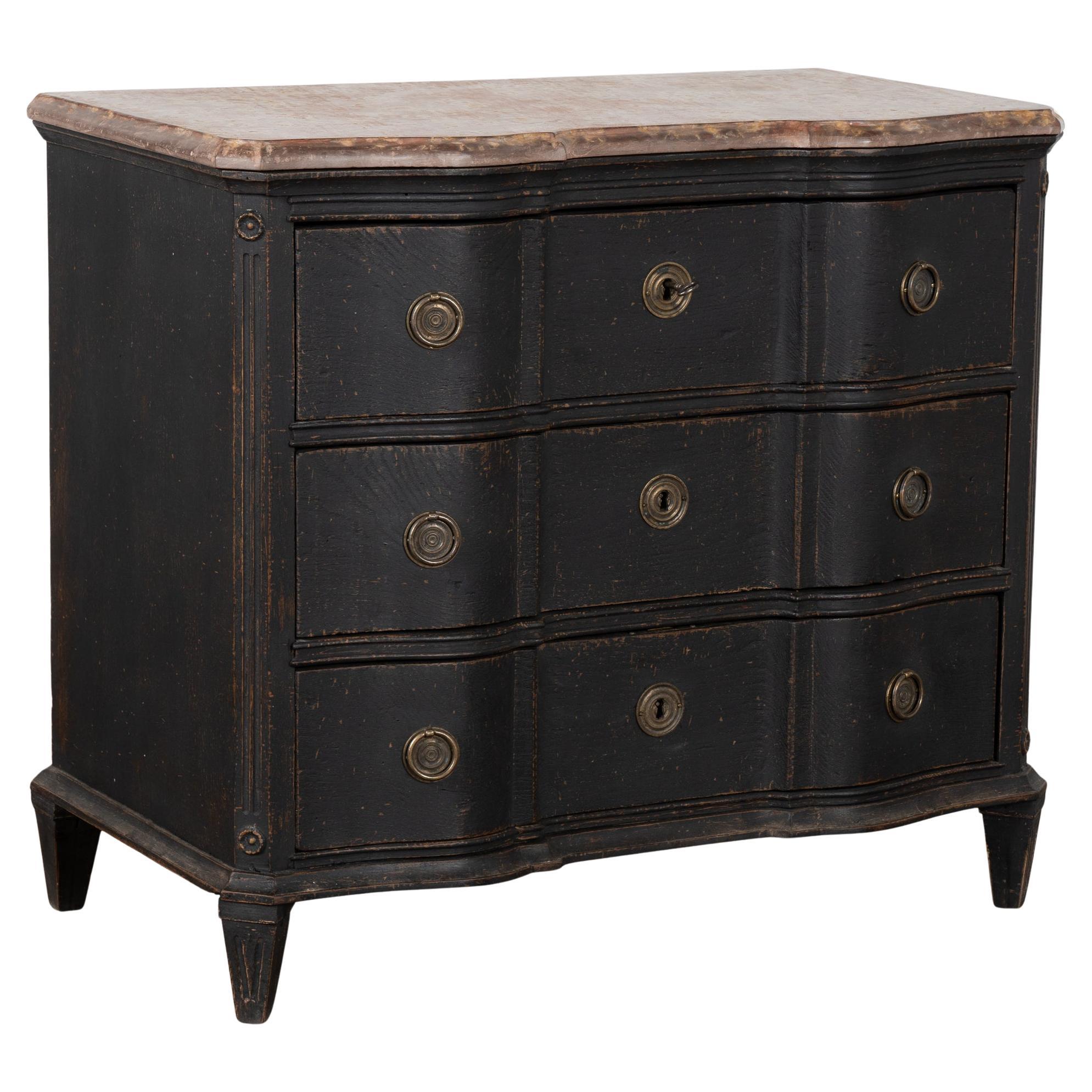 Mid 19th Century Swedish Stone Top Black Chest of Three Drawers
