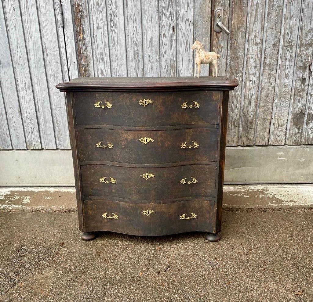 Brass Mid-19th Century Tall Black Swedish Gustavian 4 Drawer Chest For Sale