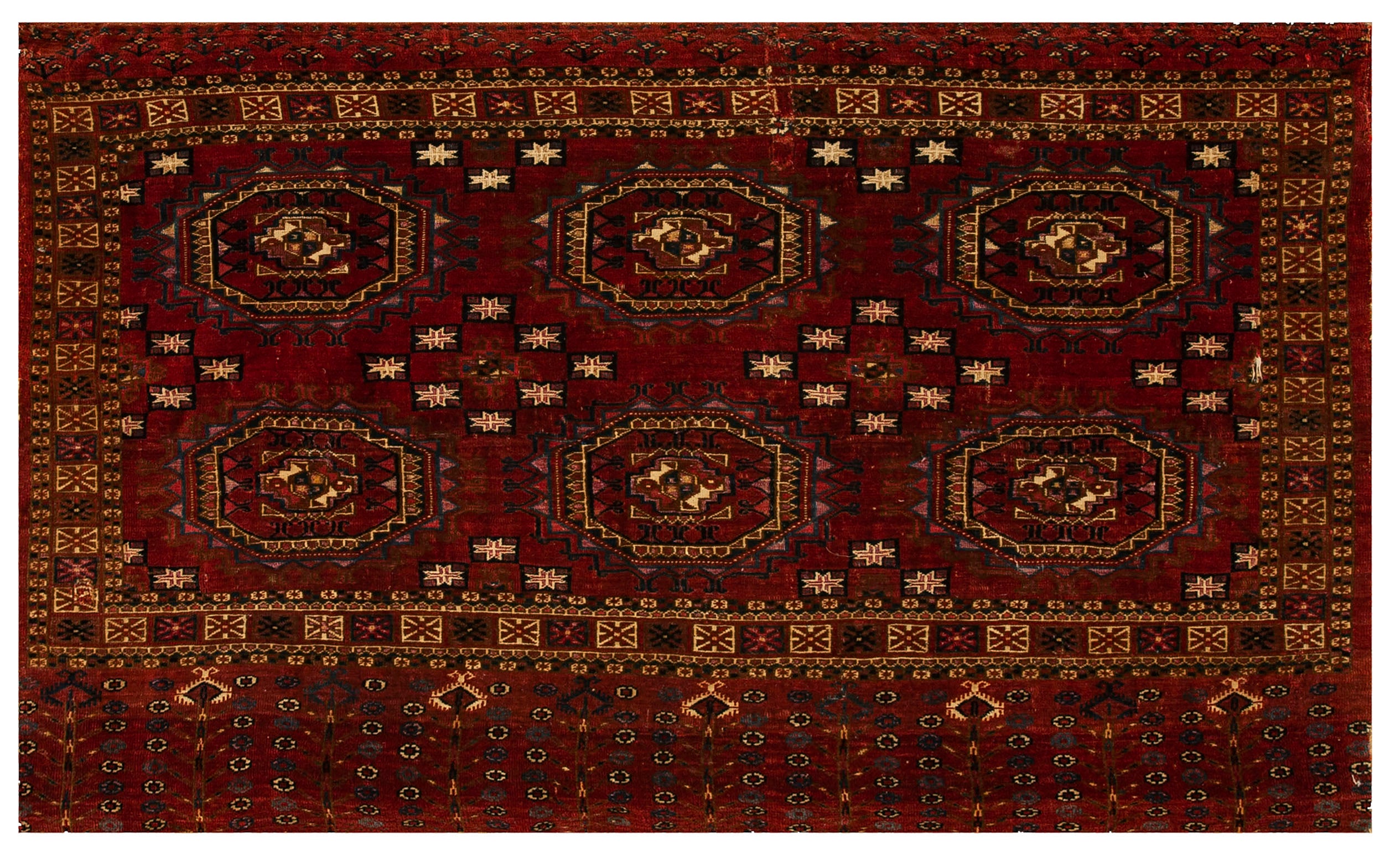 Tekke Turkmenisches Chuval aus der Mitte des 19. Jahrhunderts mit Highlights aus Seide und Baumwolle 