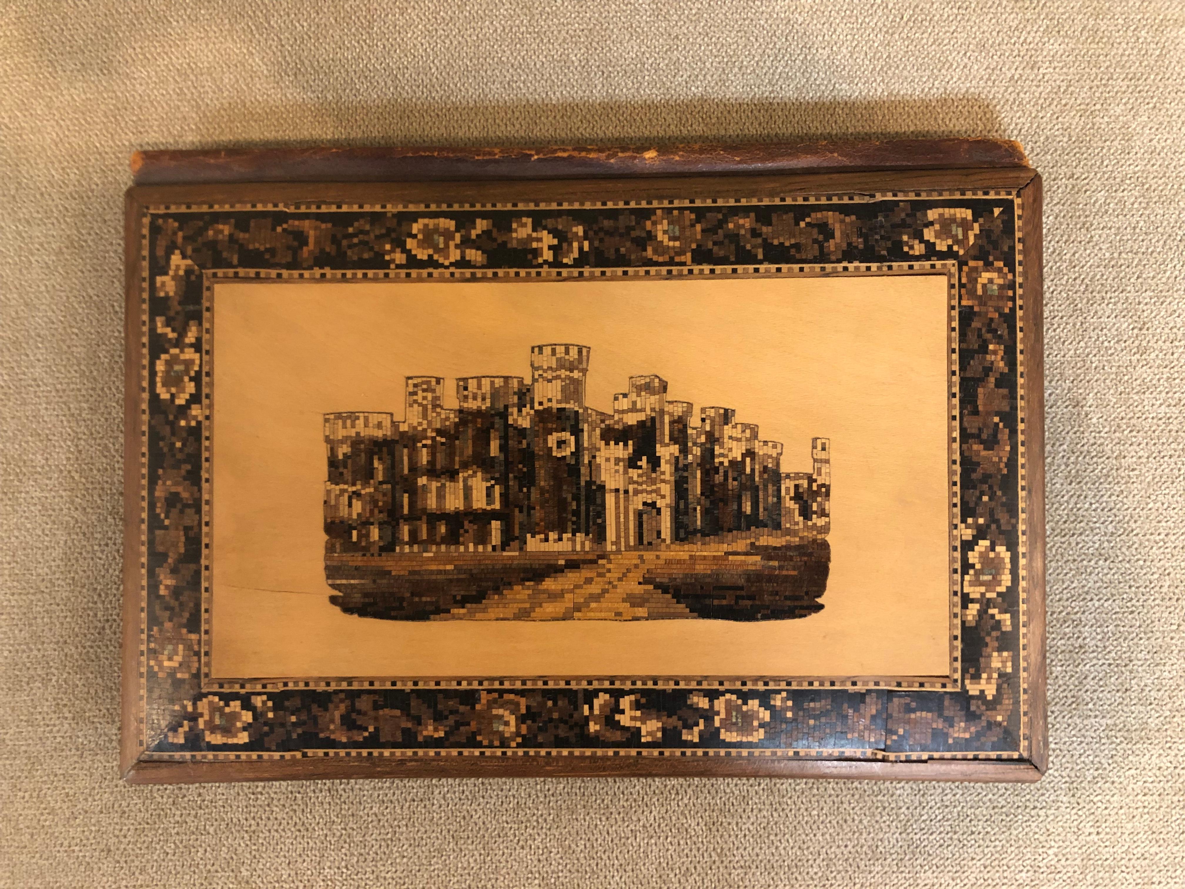 Mid 19th century tunbridge ware book holder of historic Eridge Castle in East Sussex England. This is a beautiful and hard to find decorative book holder made of walnut with a satinwood background. Tunbridge ware is from the spa town of Royal