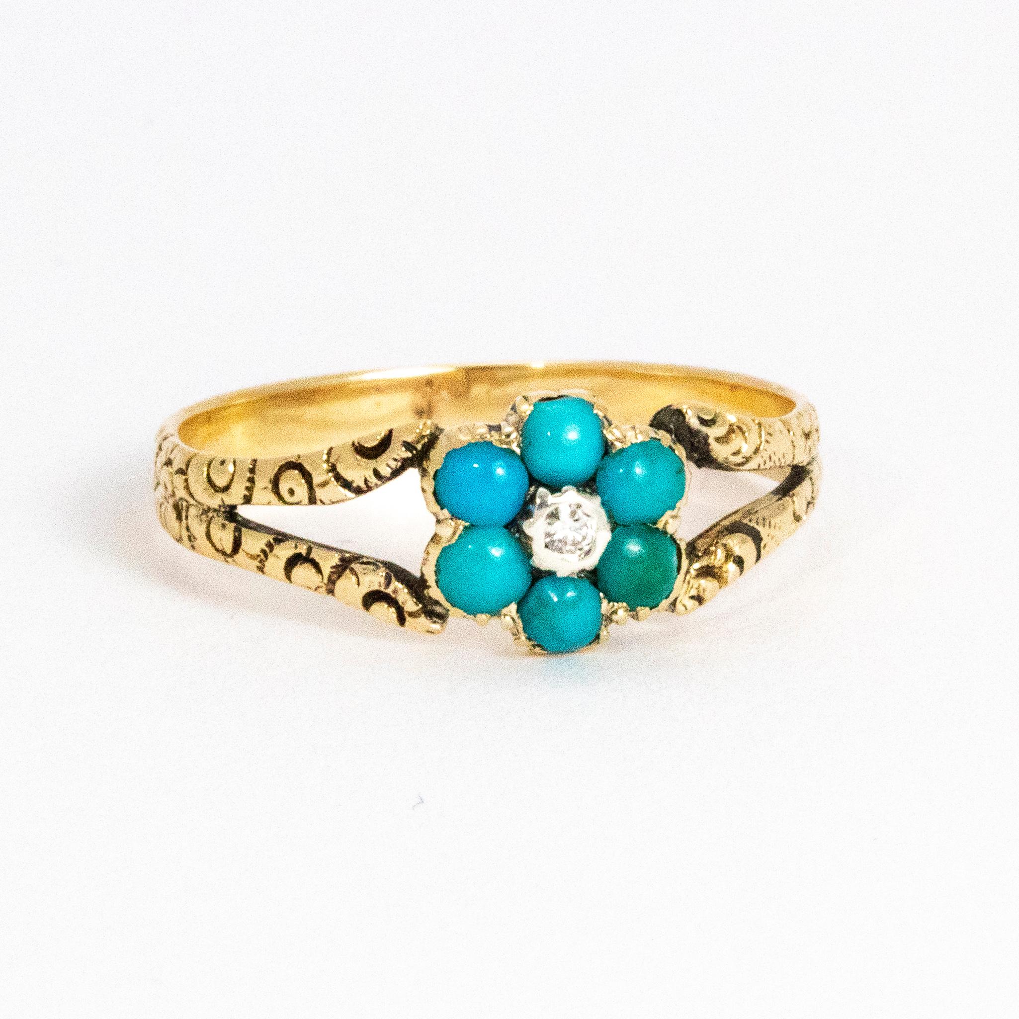 Mid-19th Century Turquoise and Diamond 15 Carat Cluster Ring For Sale 1