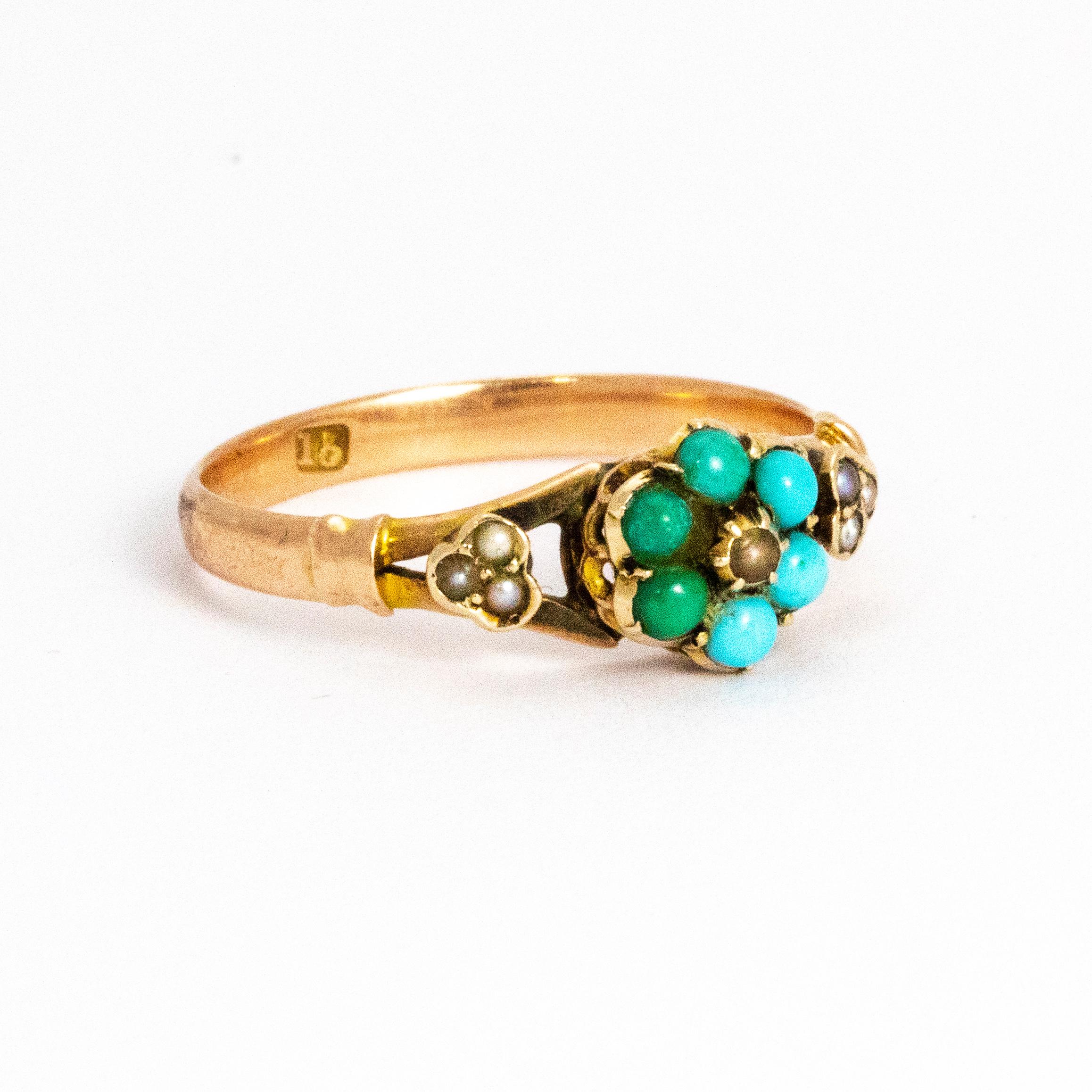 Women's or Men's Mid-19th Century Turquoise and Pearl 15 Carat Gold Ring