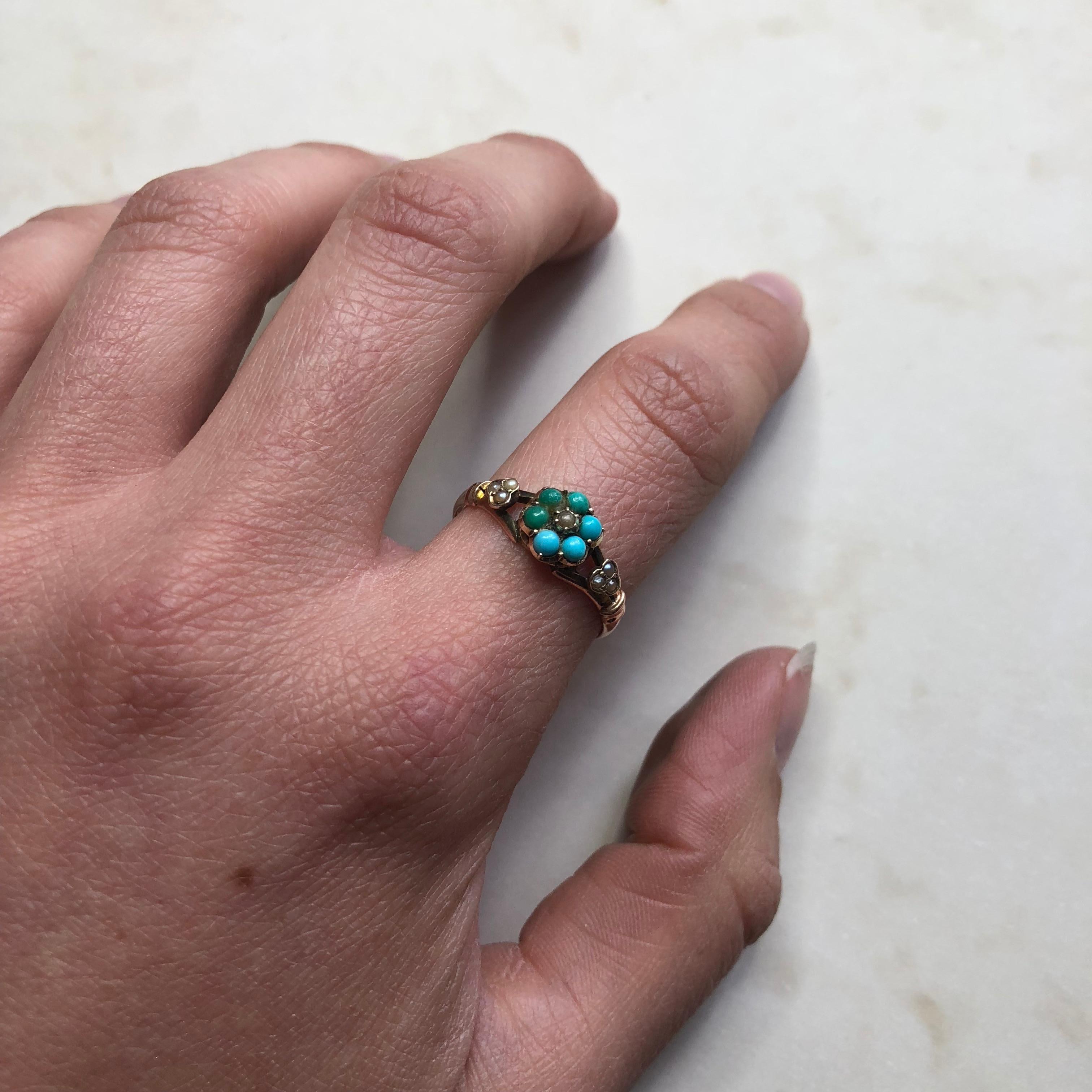 Mid-19th Century Turquoise and Pearl 15 Carat Gold Ring 1