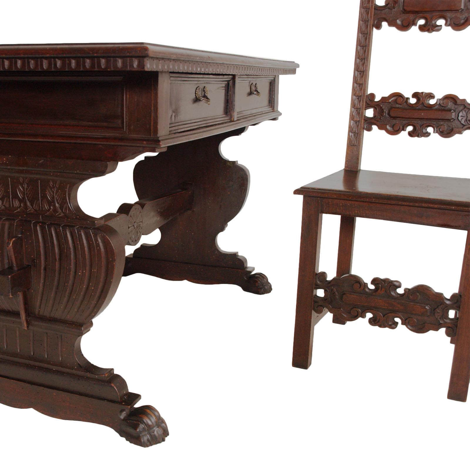 Italian Mid-19th Century Tuscan Renaissance Antique Table Desk Hand Carved Solid Walnut For Sale