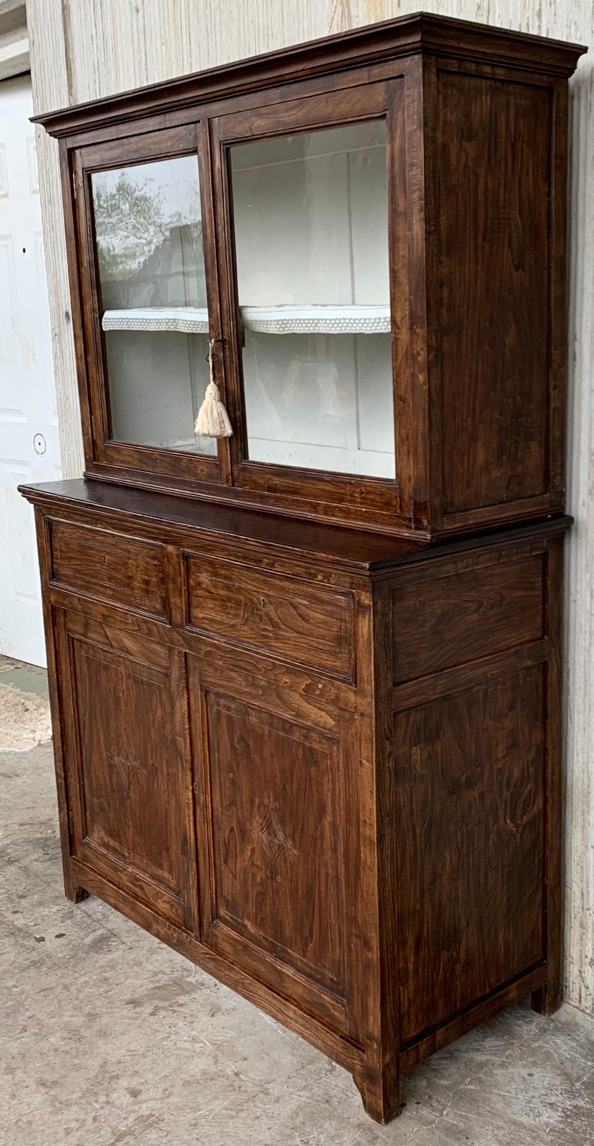 French Provincial Mid 19th Century Two Part Step Back Walnut Pie Safe Cupboard with Glass Doors