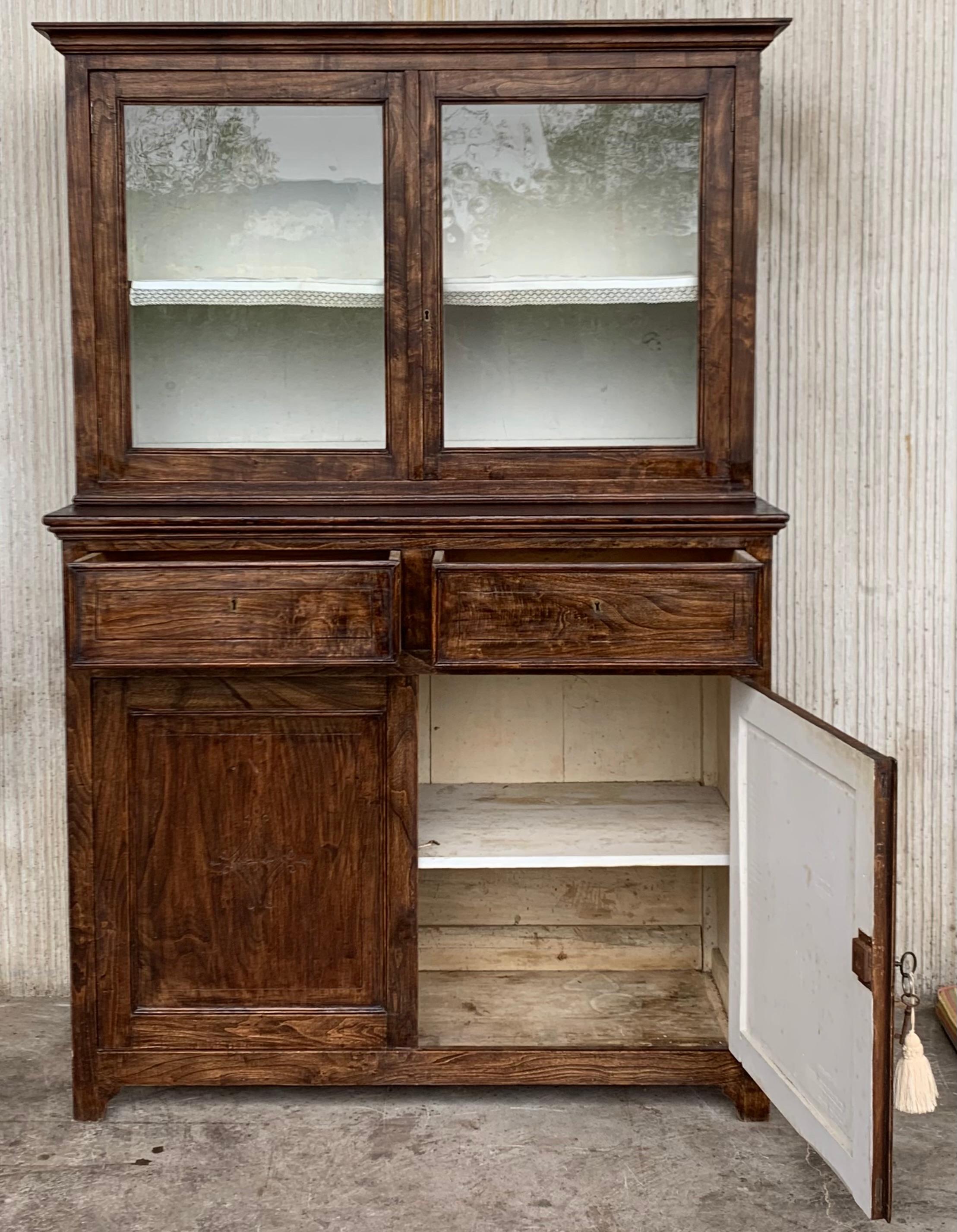 French Mid 19th Century Two Part Step Back Walnut Pie Safe Cupboard with Glass Doors