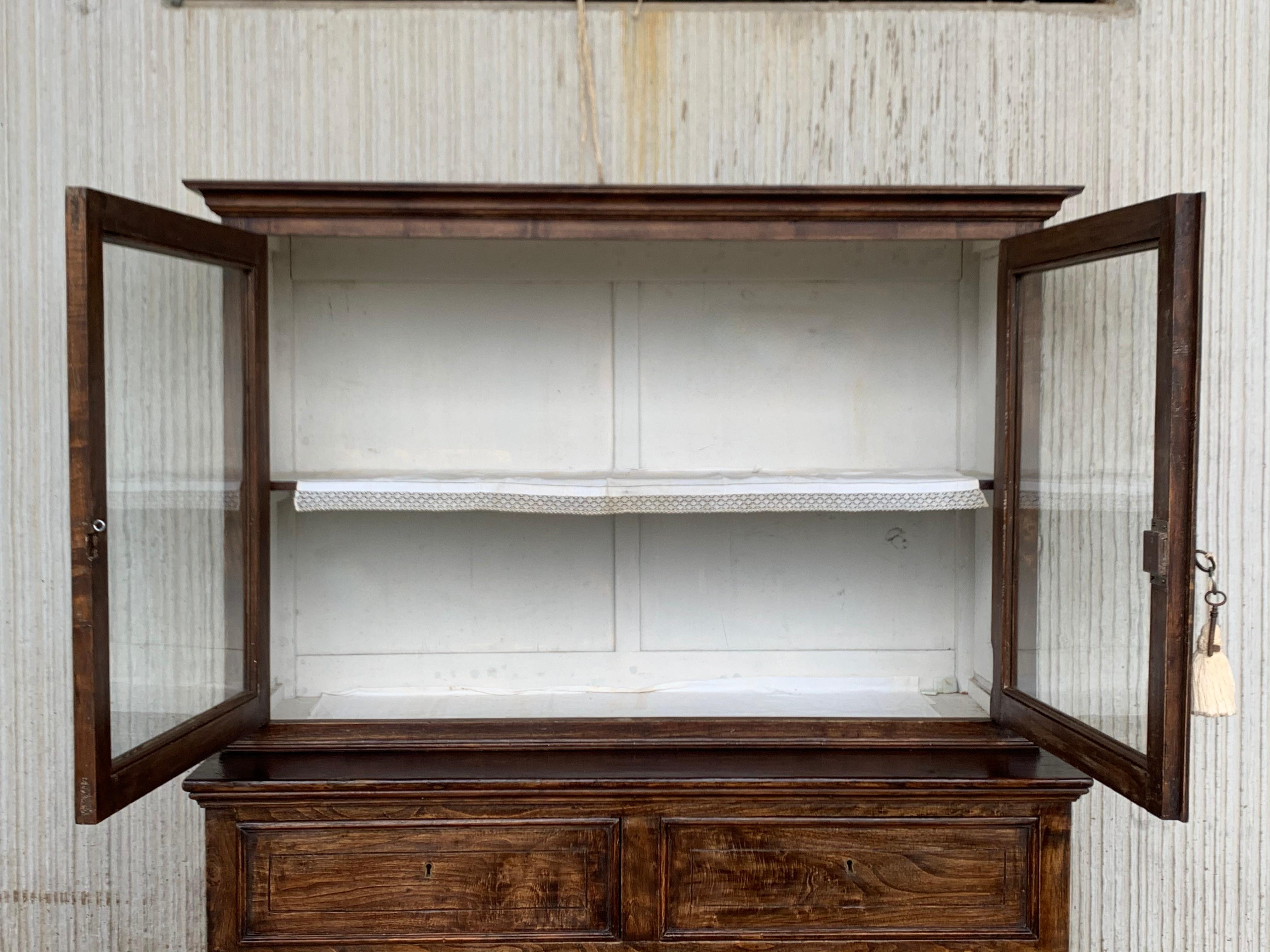 Mid 19th Century Two Part Step Back Walnut Pie Safe Cupboard with Glass Doors In Good Condition In Miami, FL
