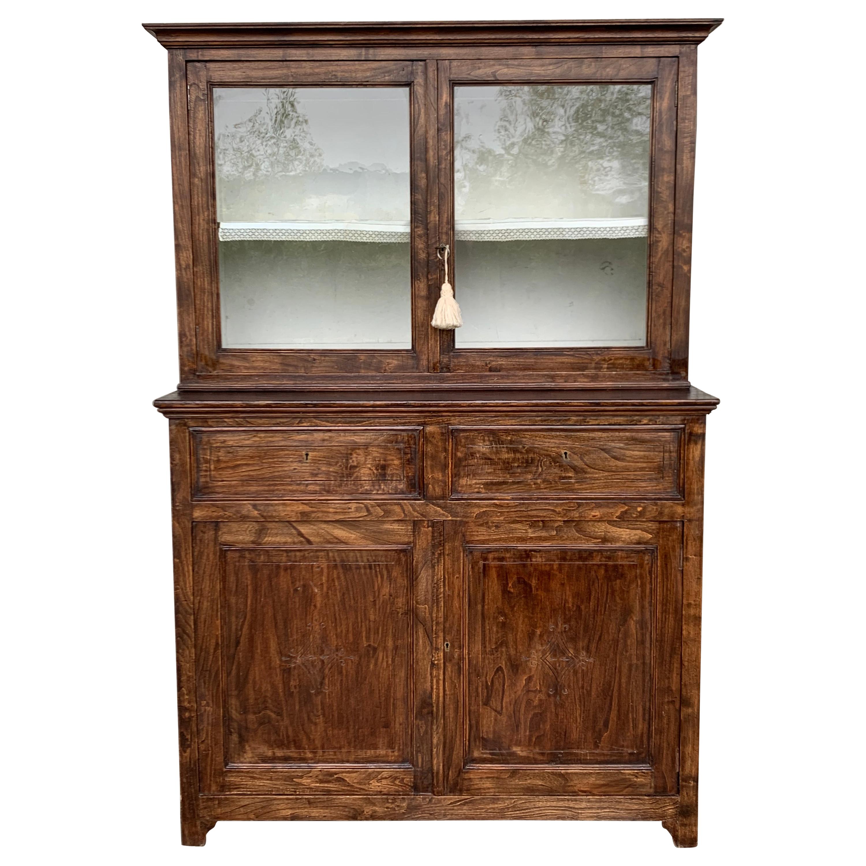 Mid 19th Century Two Part Step Back Walnut Pie Safe Cupboard with Glass Doors
