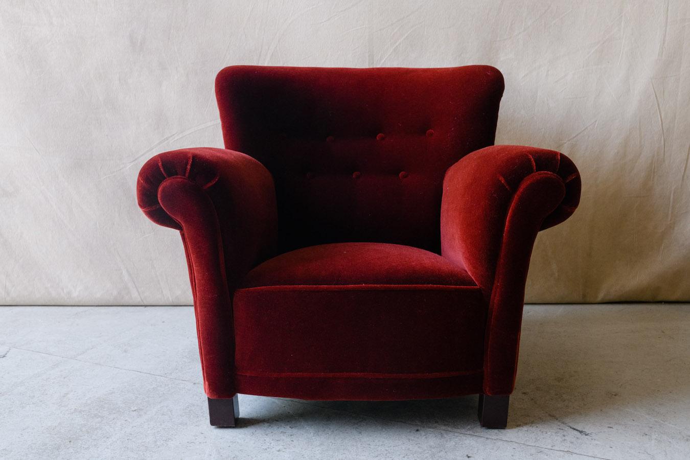 European Mid 19th Century Velvet Lounge Chair From Denmark, Circa 1950 For Sale